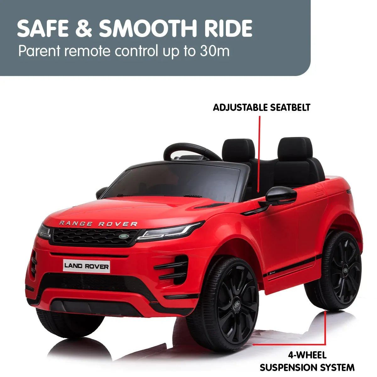 Red kids electric ride-on car with black wheels and adjustable seatbelt