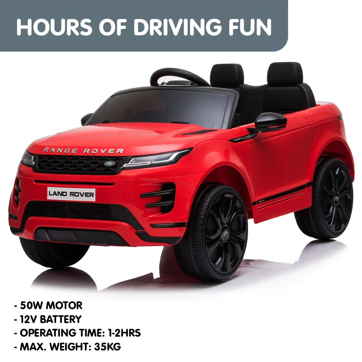 Red kids electric ride-on car three-quarter view with black seats and wheels