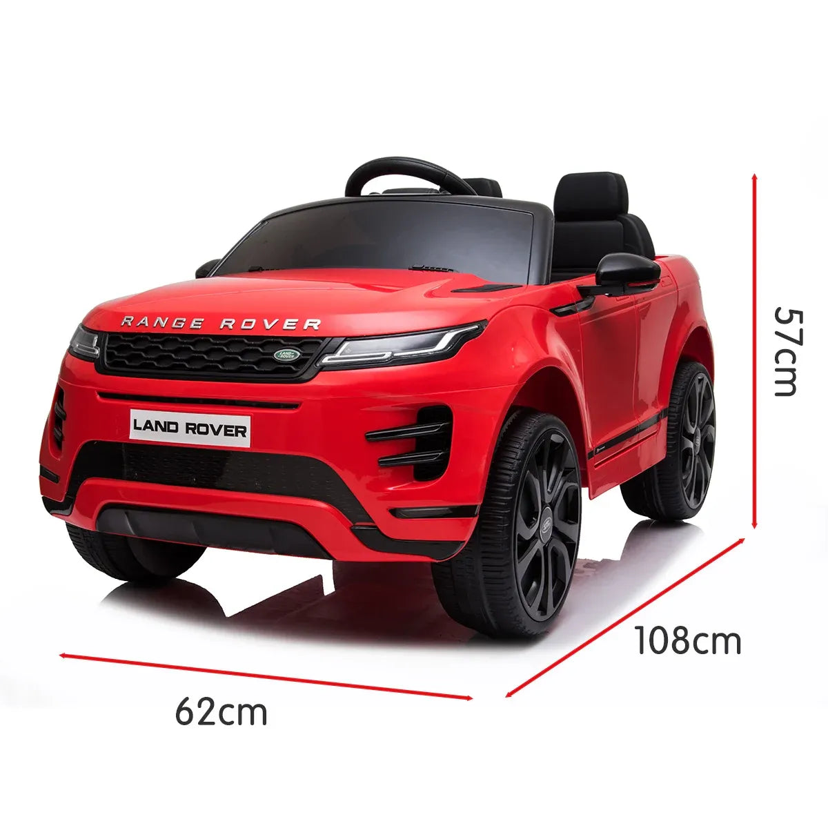 Red kids electric ride-on car angled side view with black seats and steering wheel