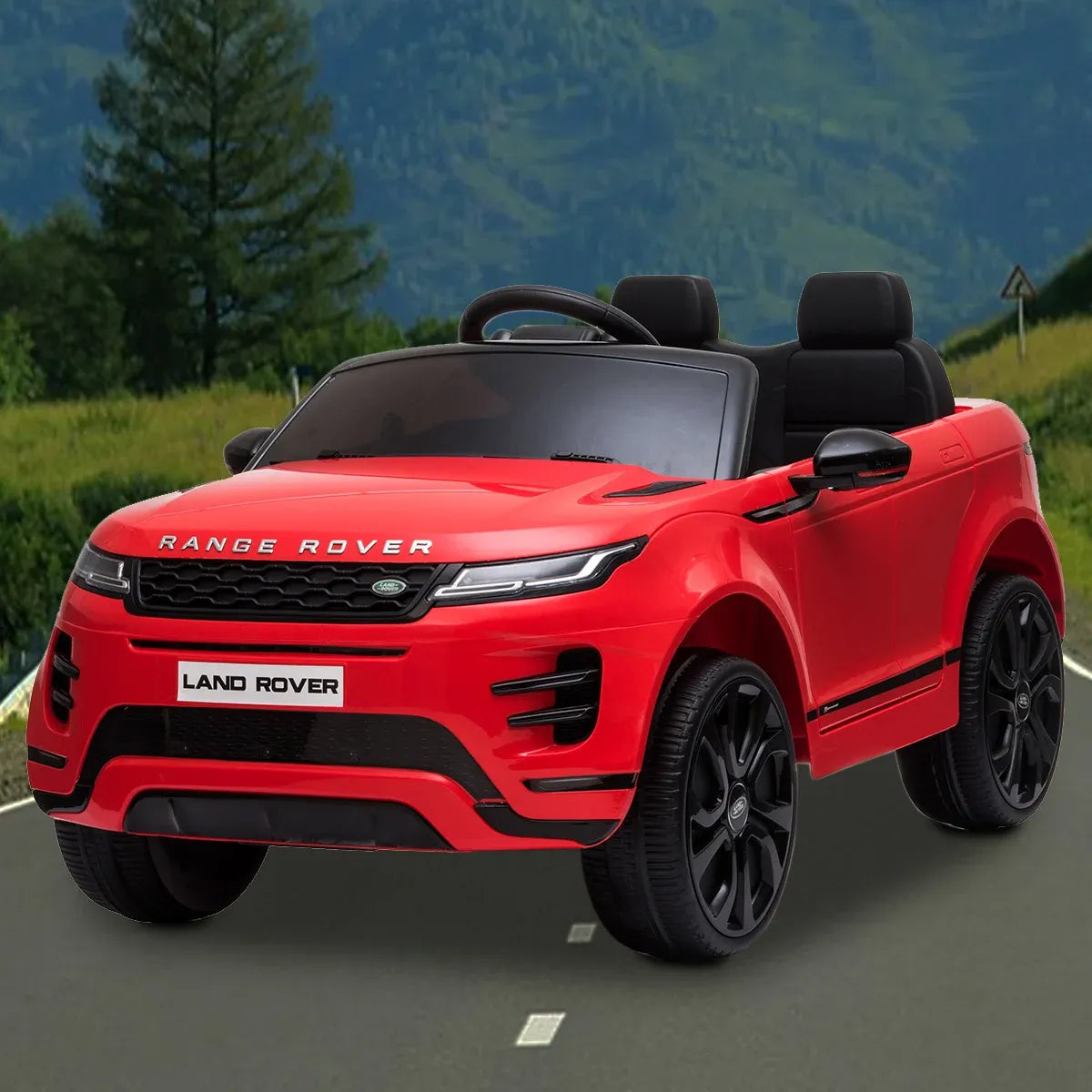 Red kids electric ride-on car side profile with black seats and taillight accents