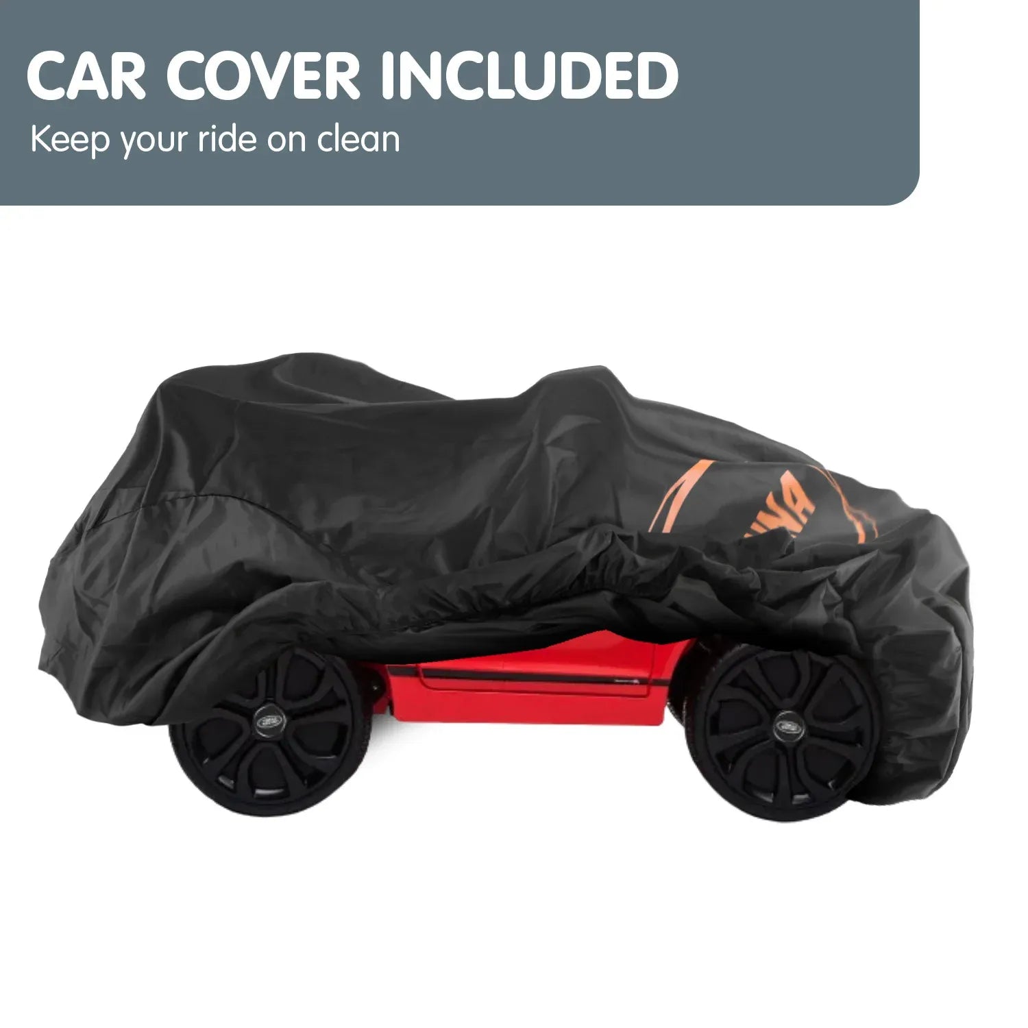 Black car cover with Kahuna logo over a red ride-on car