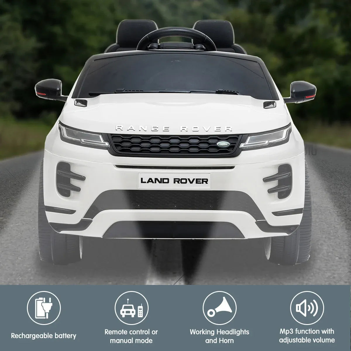 Front view of white kids electric ride-on SUV with black wheels and headlight accents