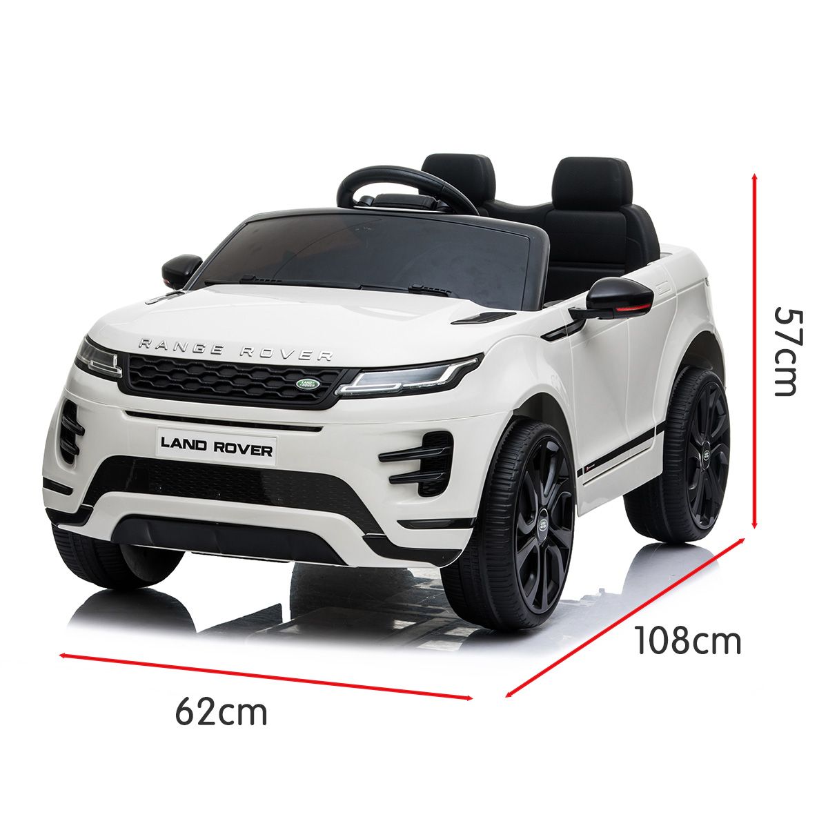 White kids electric ride-on SUV with black wheels; size markings show 62cm and 108cm