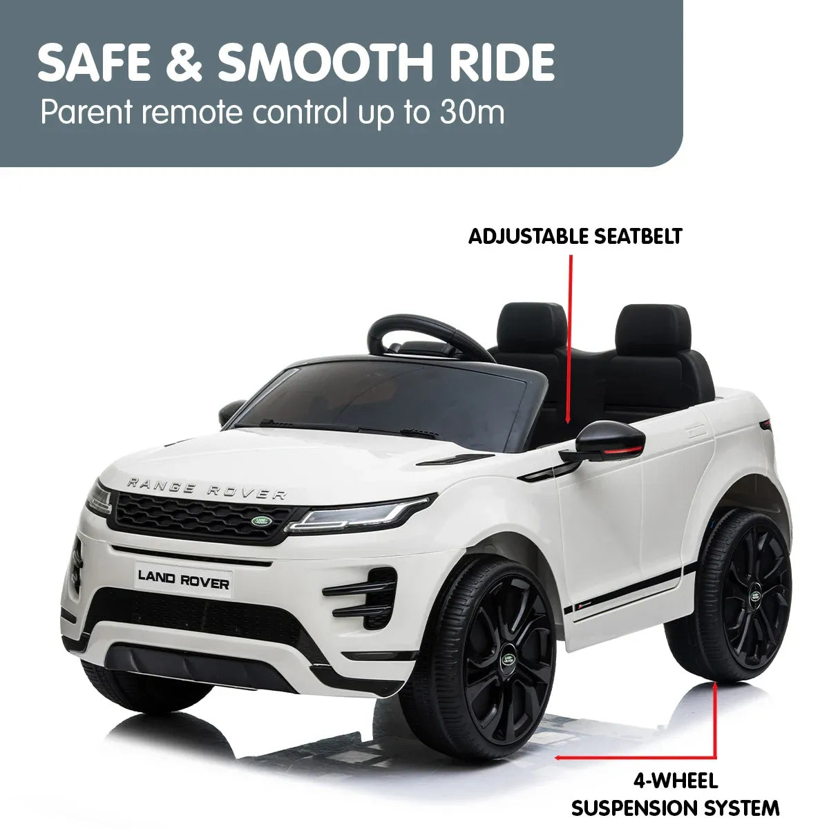 White kids electric ride-on SUV with adjustable seatbelts and 4-wheel suspension