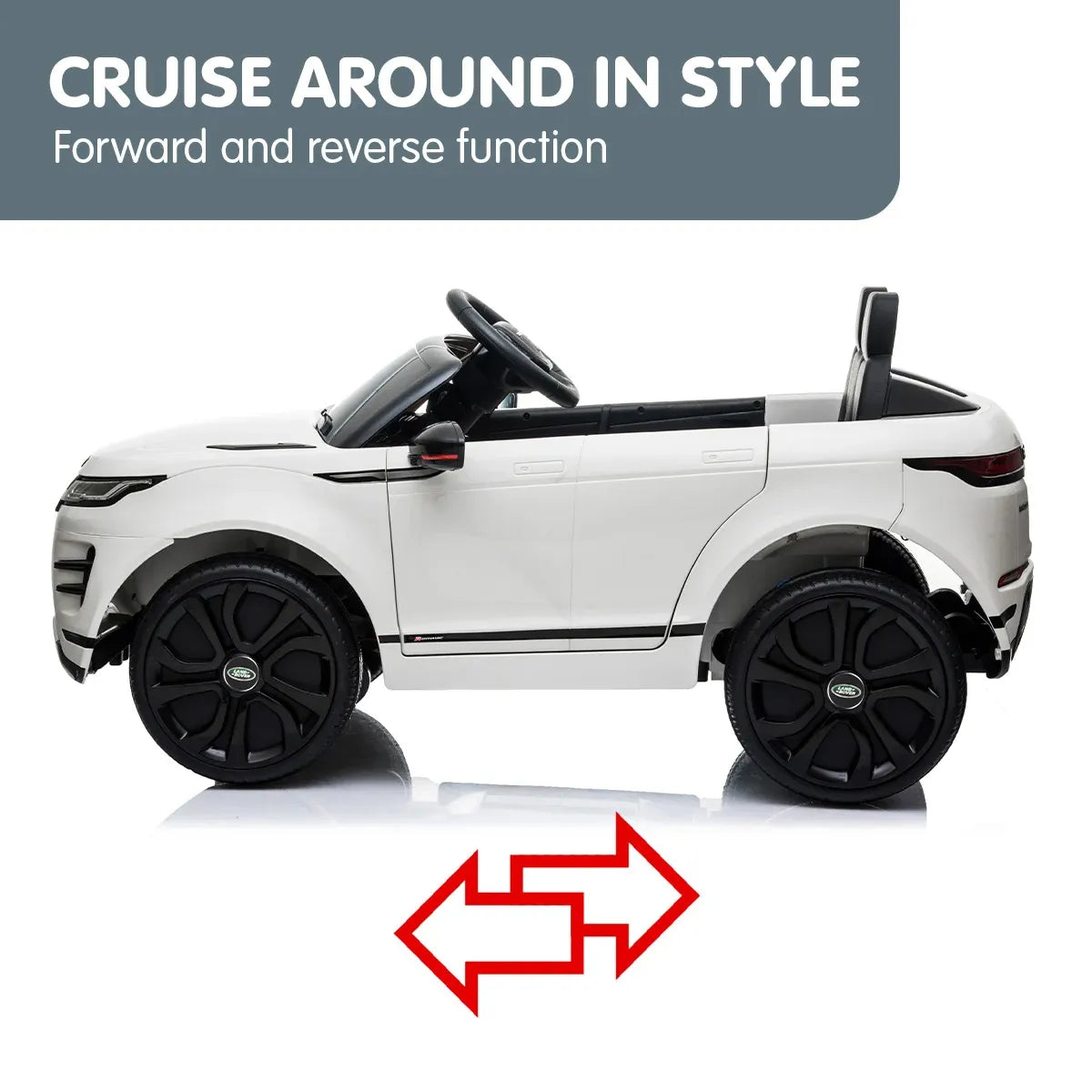 White kids electric ride-on SUV side view with black wheels and door panel