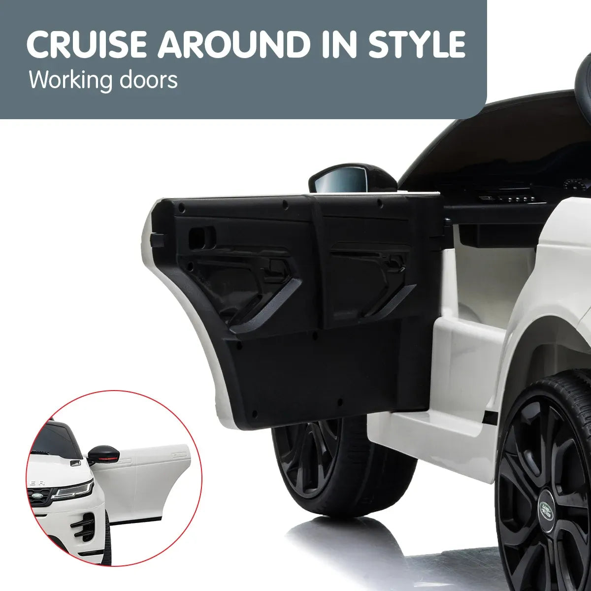 White kids electric ride-on SUV with one door open showing dark interior panels