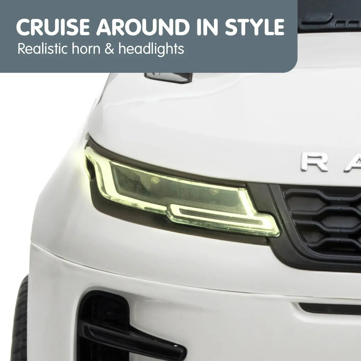 White kids electric ride-on SUV close-up of front LED headlight strip