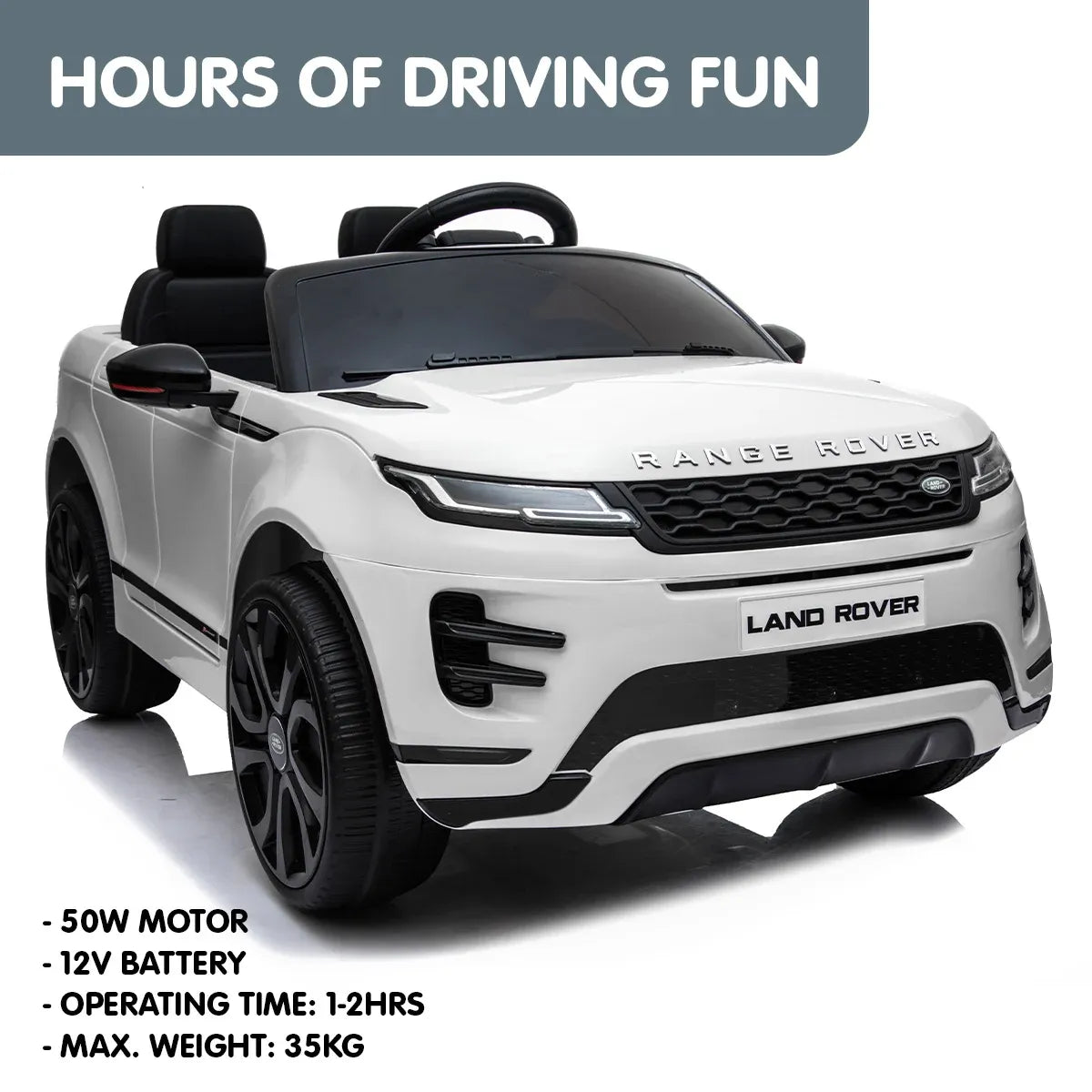 White kids electric ride-on SUV angled view with black wheels and detailed front grille