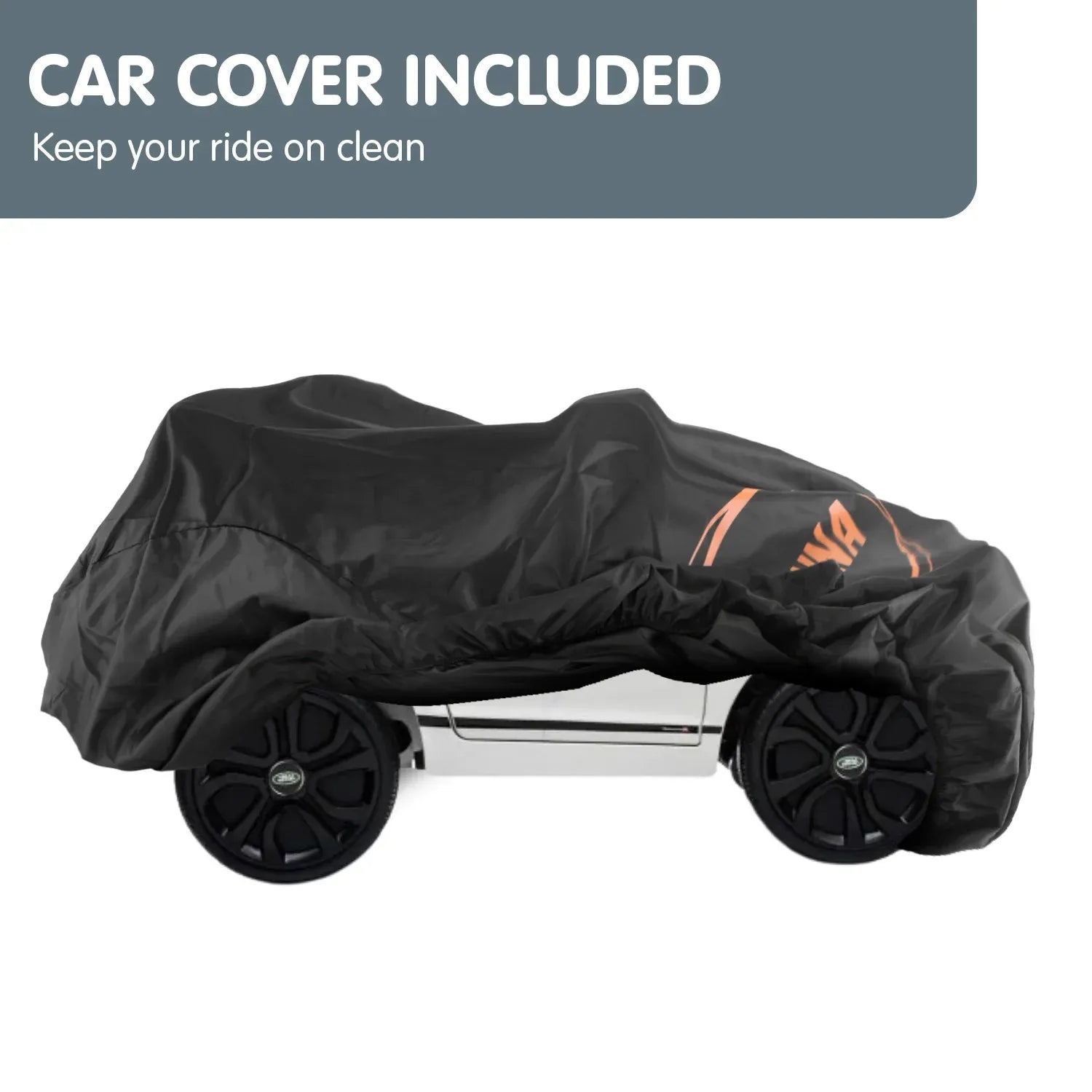 Black kids electric ride-on car cover over white body; wheel covers visible
