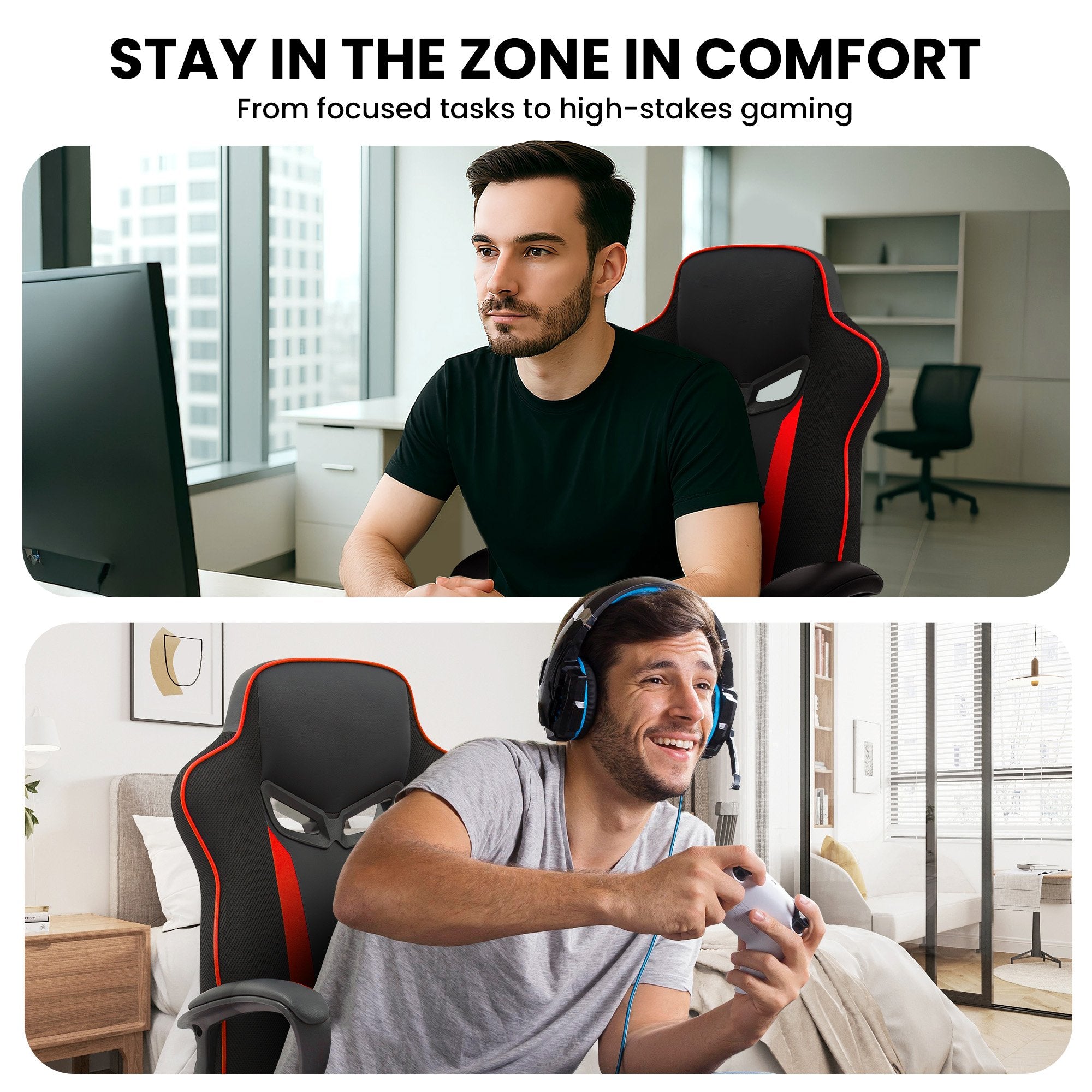 Sarantino Fayzo Racing Reclining Office Gaming Chair Black And Red Adjustable Computer Desk Seat With Adjustable Height, Breathable Mesh Back, Padded Armrests