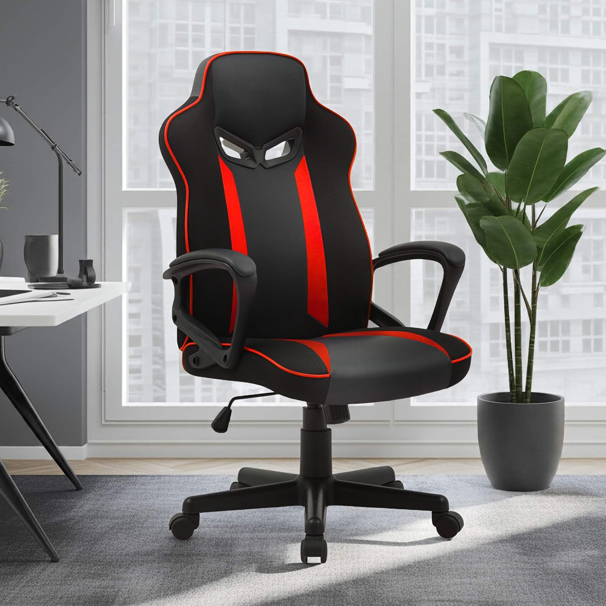 Sarantino Fayzo Racing Reclining Office Gaming Chair Black And Red Adjustable Computer Desk Seat With Adjustable Height, Breathable Mesh Back, Padded Armrests