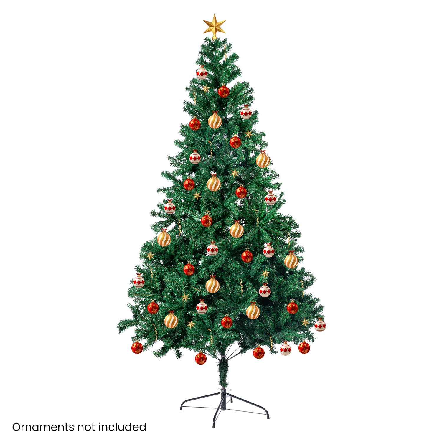 Artificial decorated Christmas tree with red and gold ornaments and metal stand