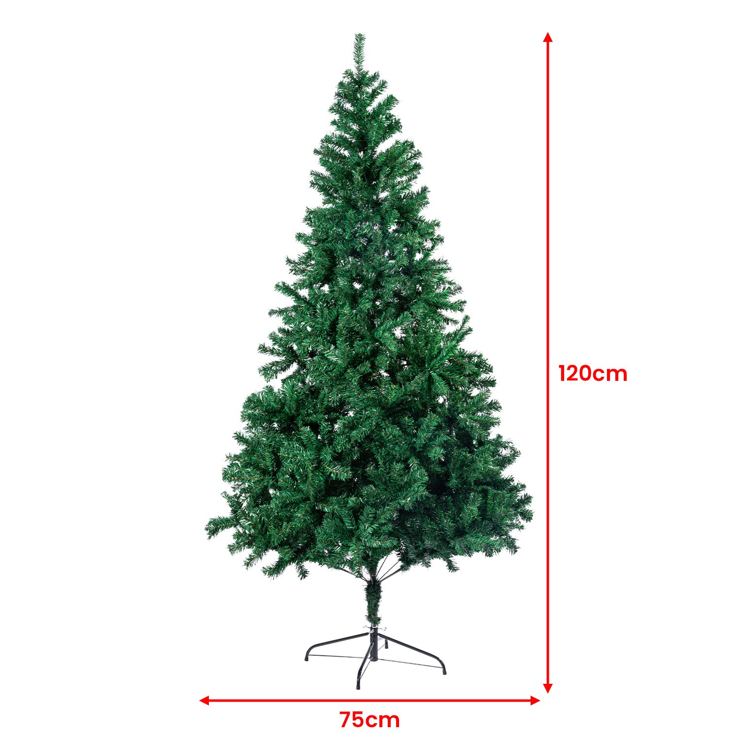 Artificial green Christmas tree, 120 cm tall, 75 cm wide, with metal stand
