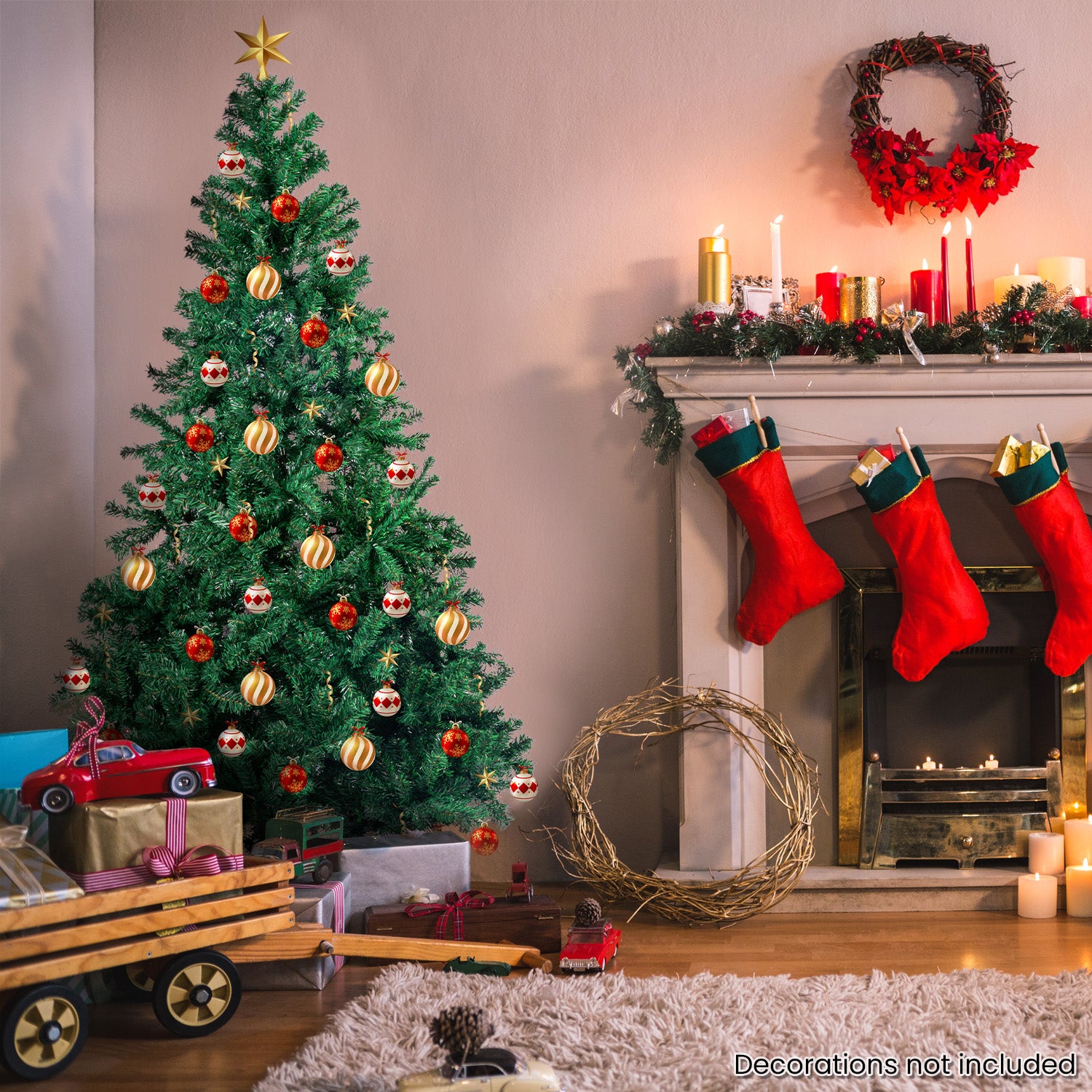 Green artificial Christmas tree with star topper and hanging ornaments