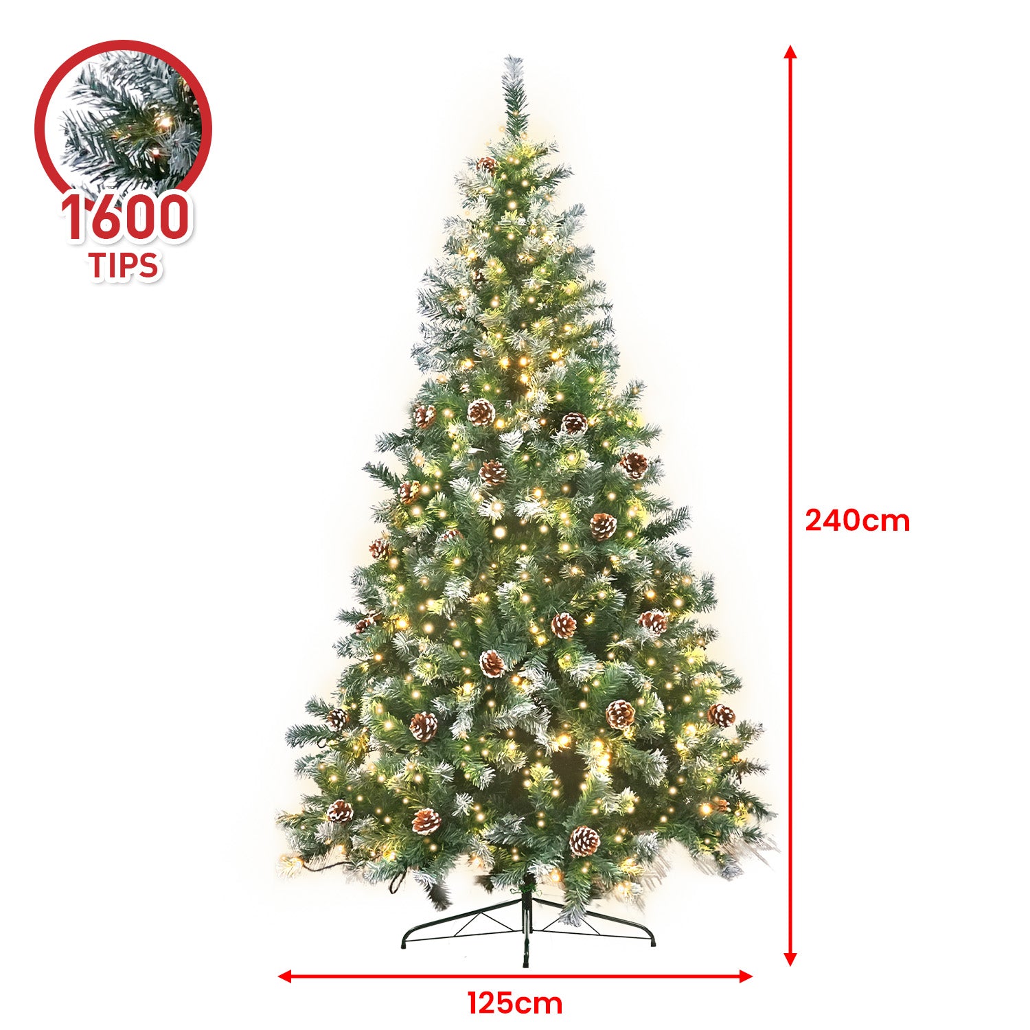 Full pre-lit Christmas tree with pine cones and warm white LED lights
