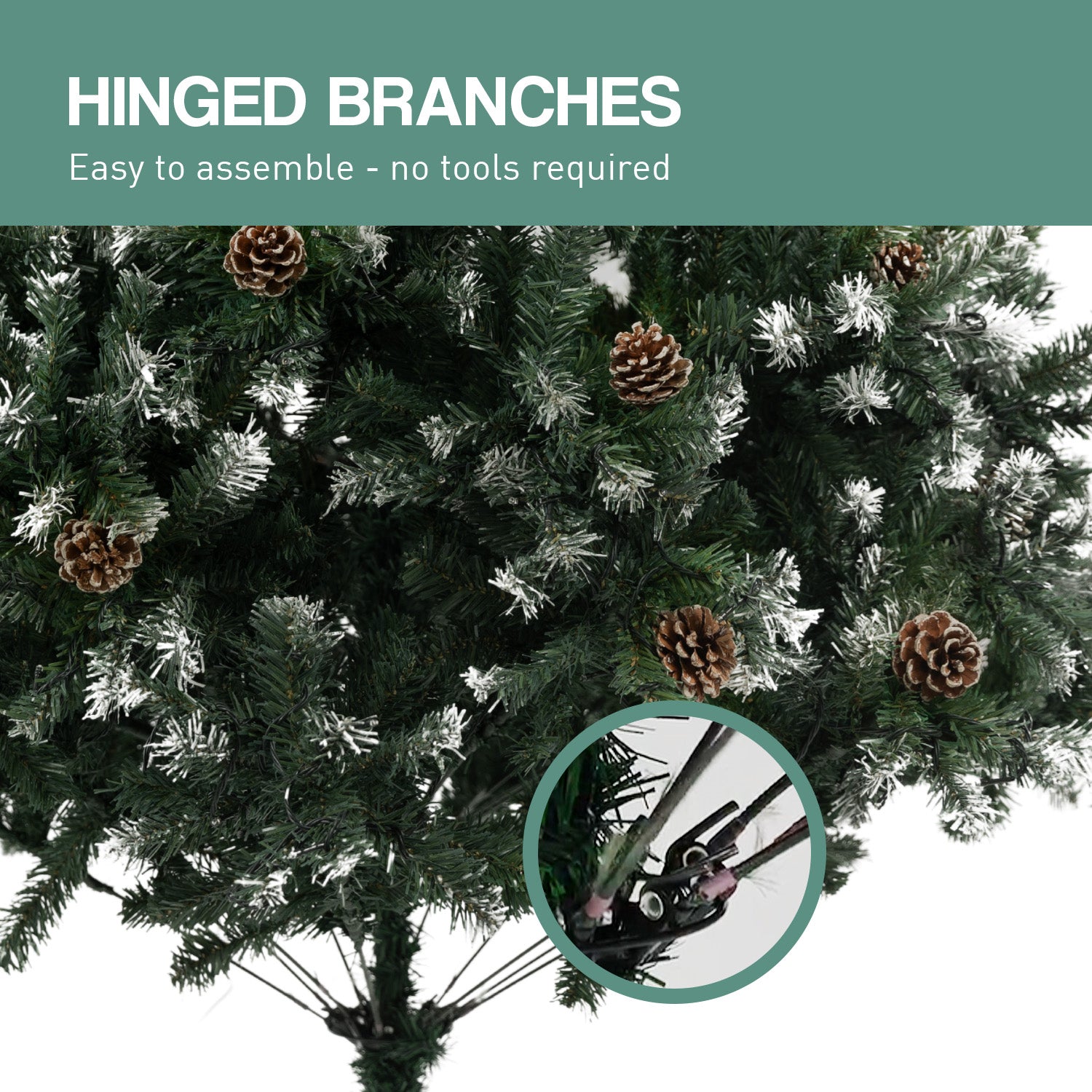 Pre-lit Christmas tree with hinged branches, pine cones, and warm LED lights