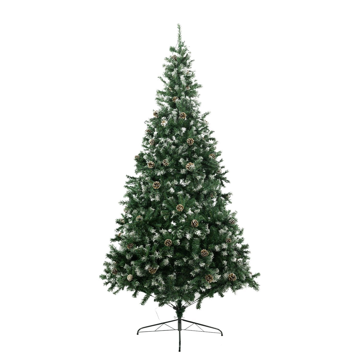 Pre-lit Christmas tree with frosted branches, pine cones, and warm yellow LED lights