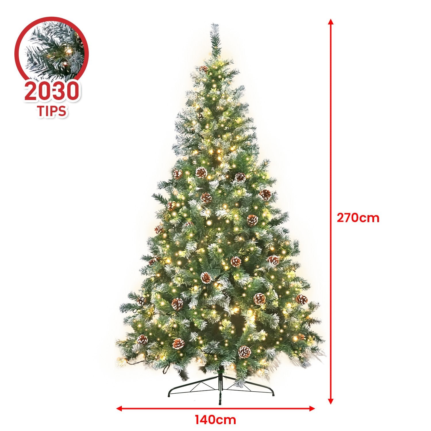 Pre-lit Christmas tree, 270cm tall, with pine cones and yellow LED lights