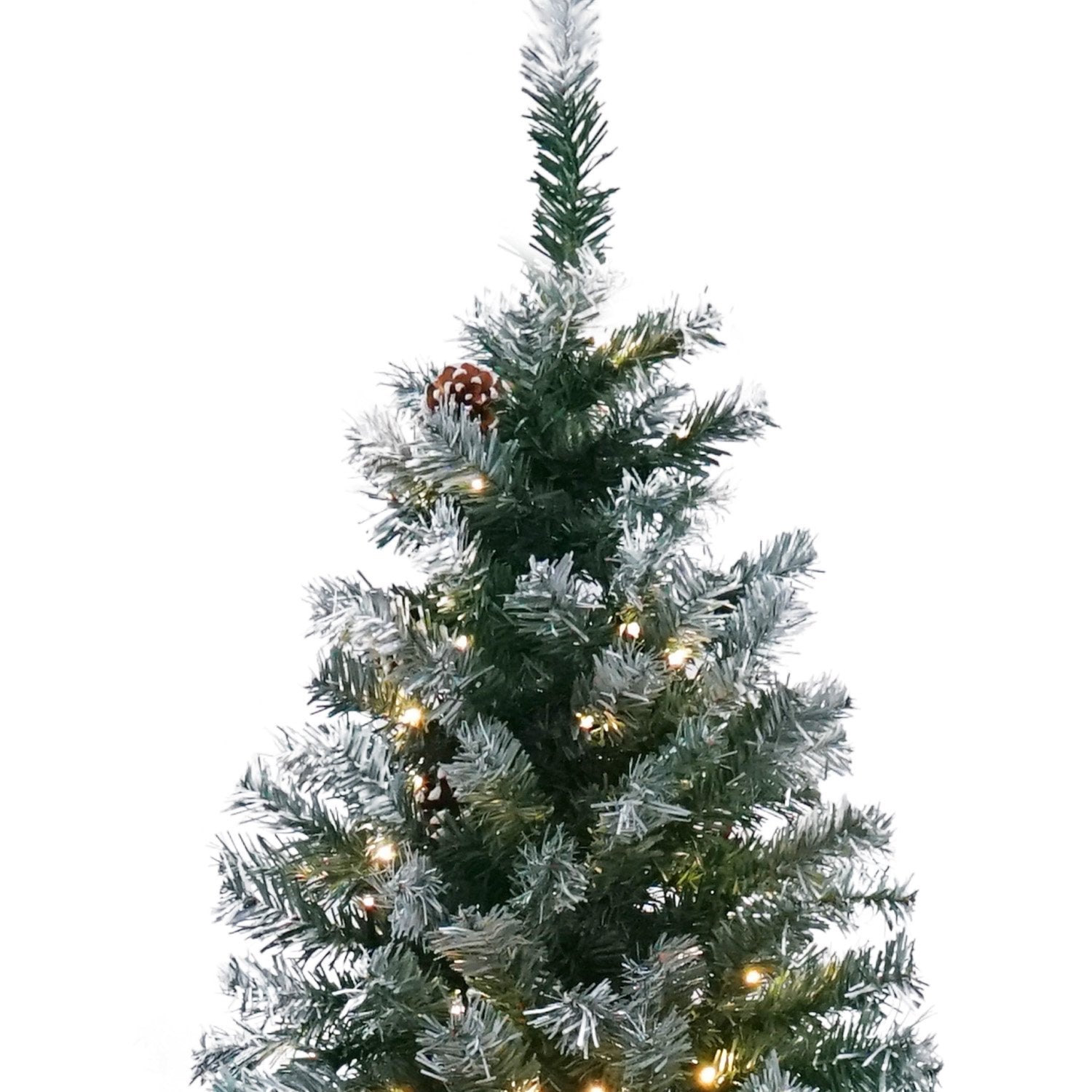 Pre-lit Christmas tree with frosted tips, pine cones, and warm LED lights