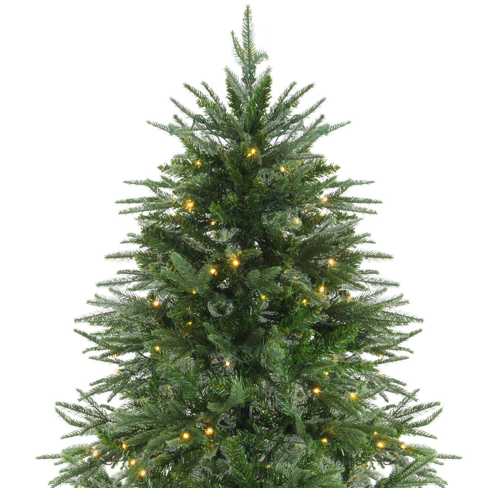 Prelit artificial fir Christmas tree with warm yellow LED bulbs throughout branches