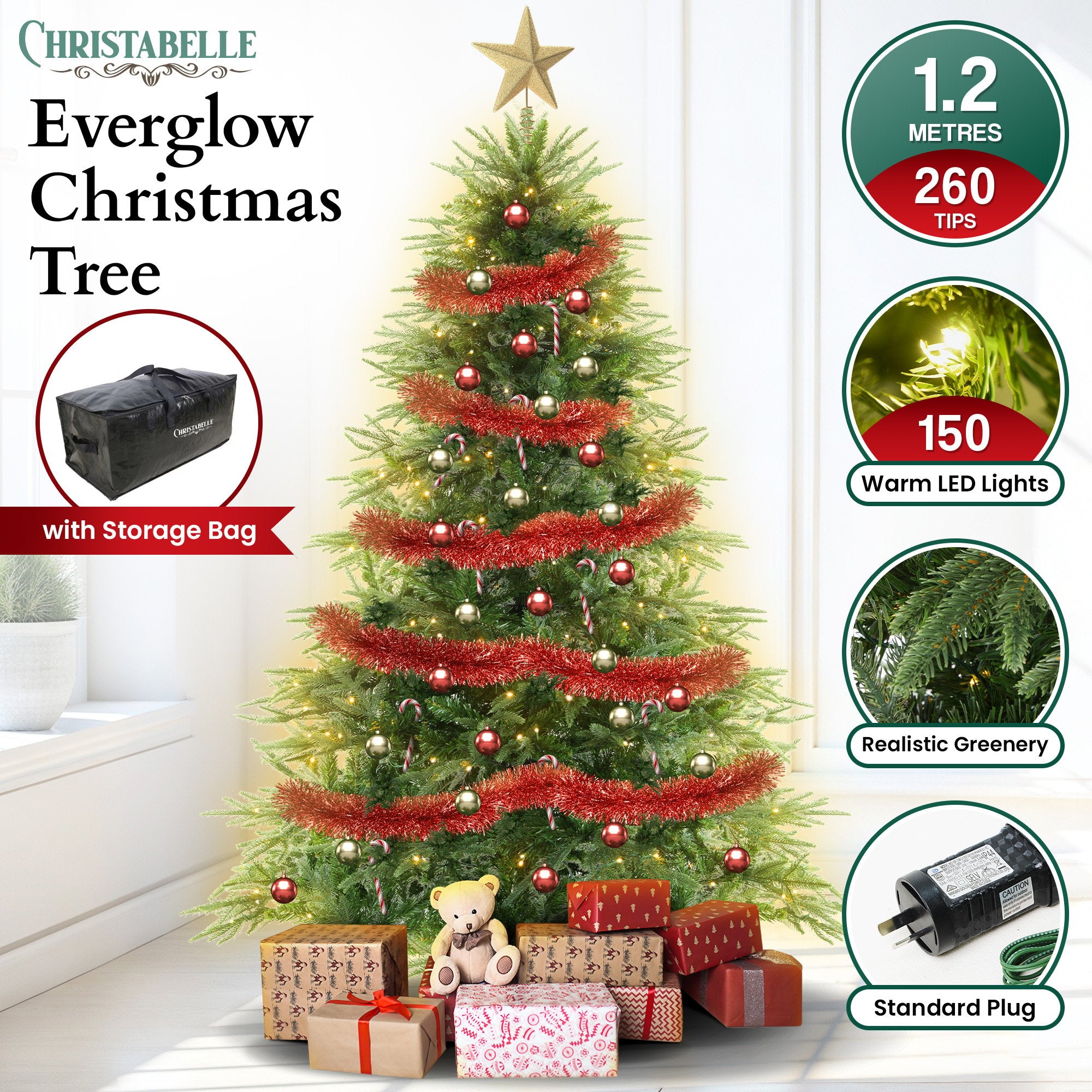 Prelit Everglow fir Christmas tree with warm LED lights and decorative red ornaments
