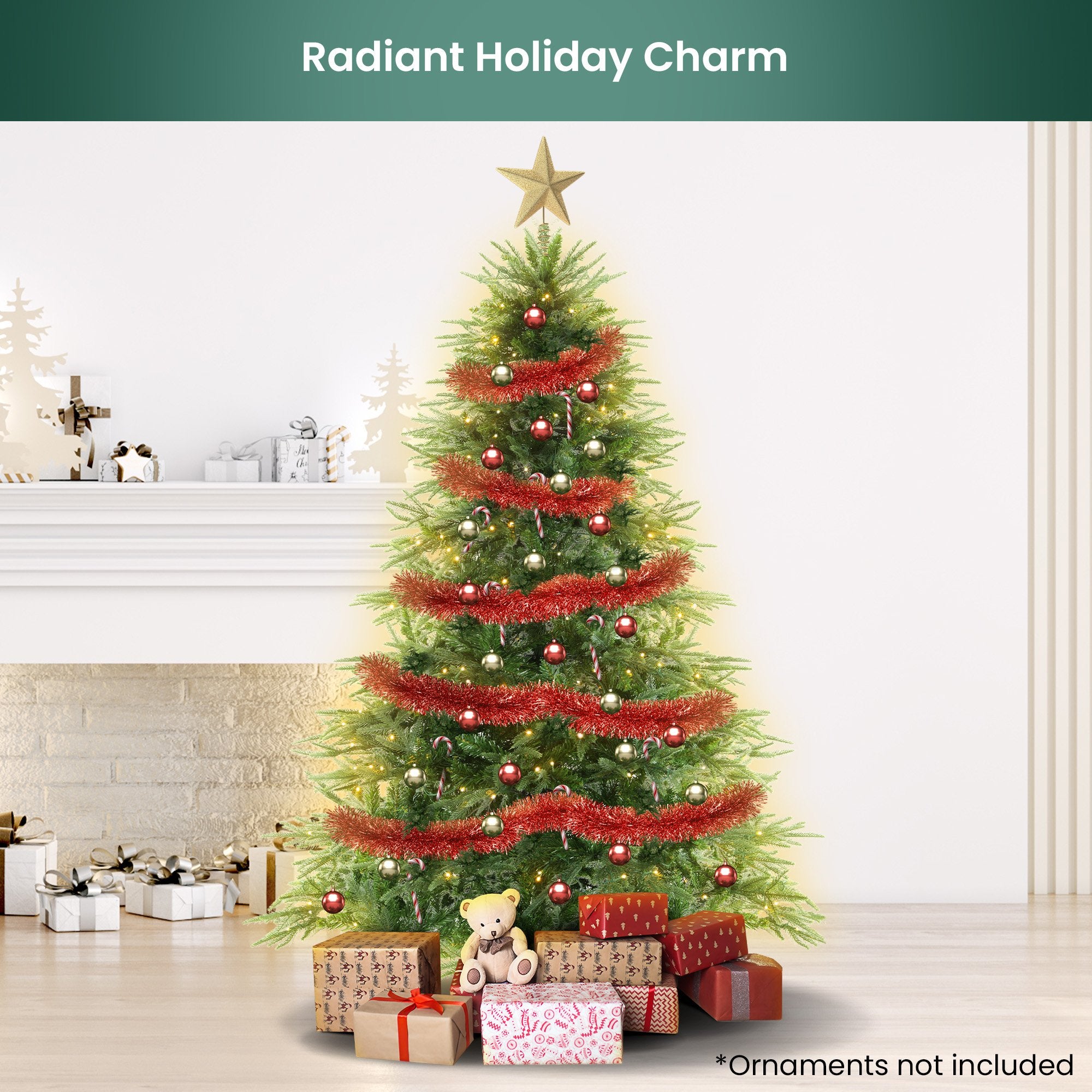 Prelit Christmas tree with warm yellow LED lights and red garland-style ribbon ornaments
