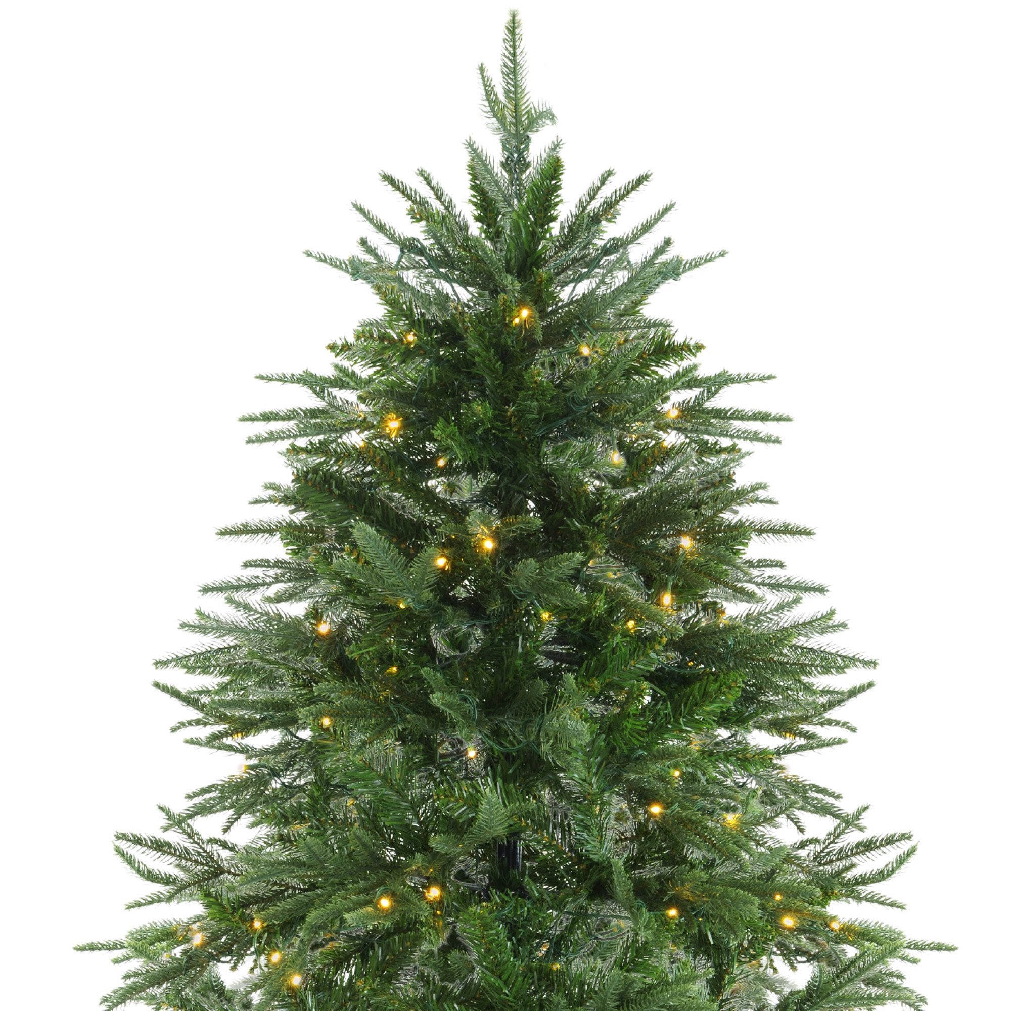 Prelit Christmas tree, dark green branches with warm yellow LED lights