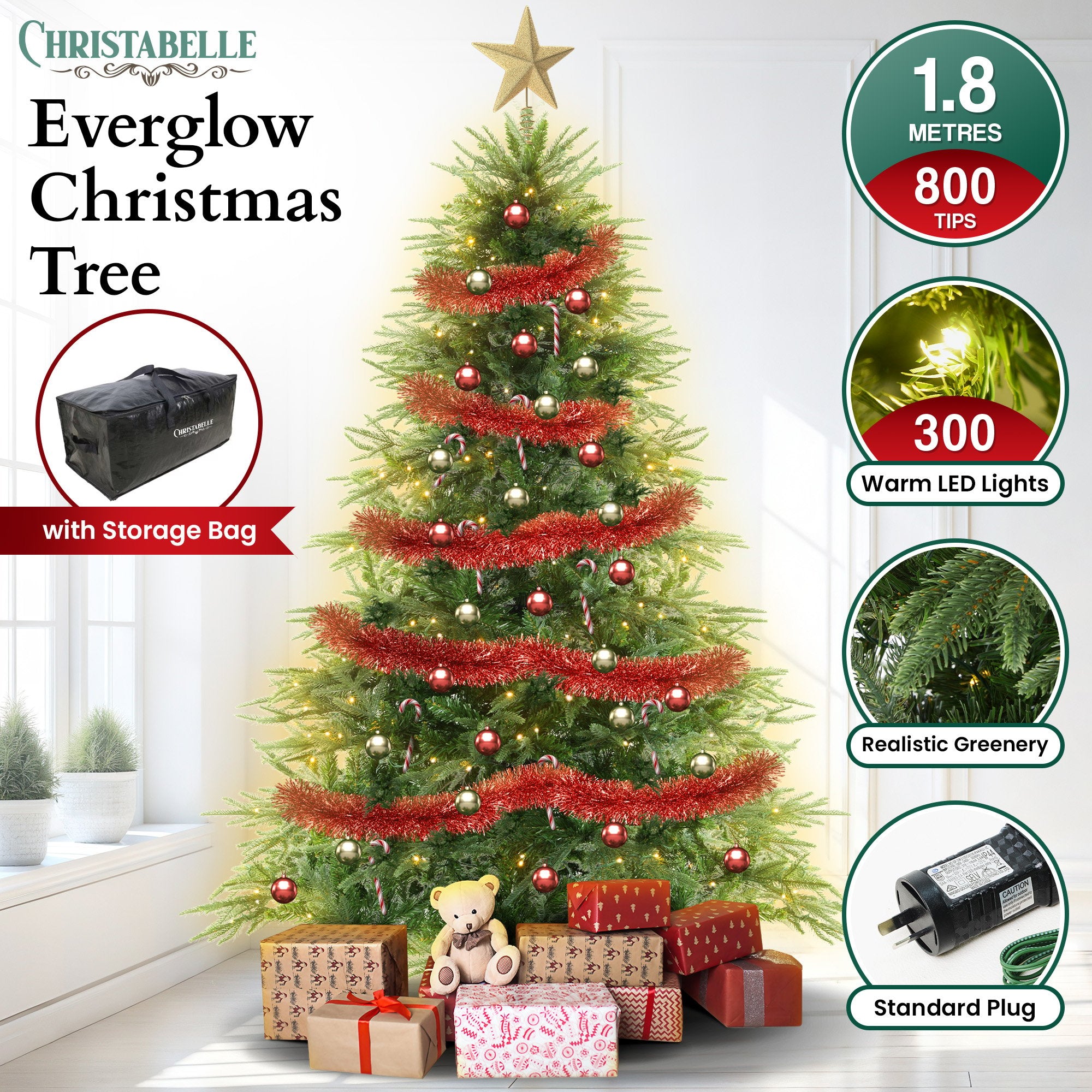 Christabelle Everglow prelit fir tree with warm lights and red bauble decor