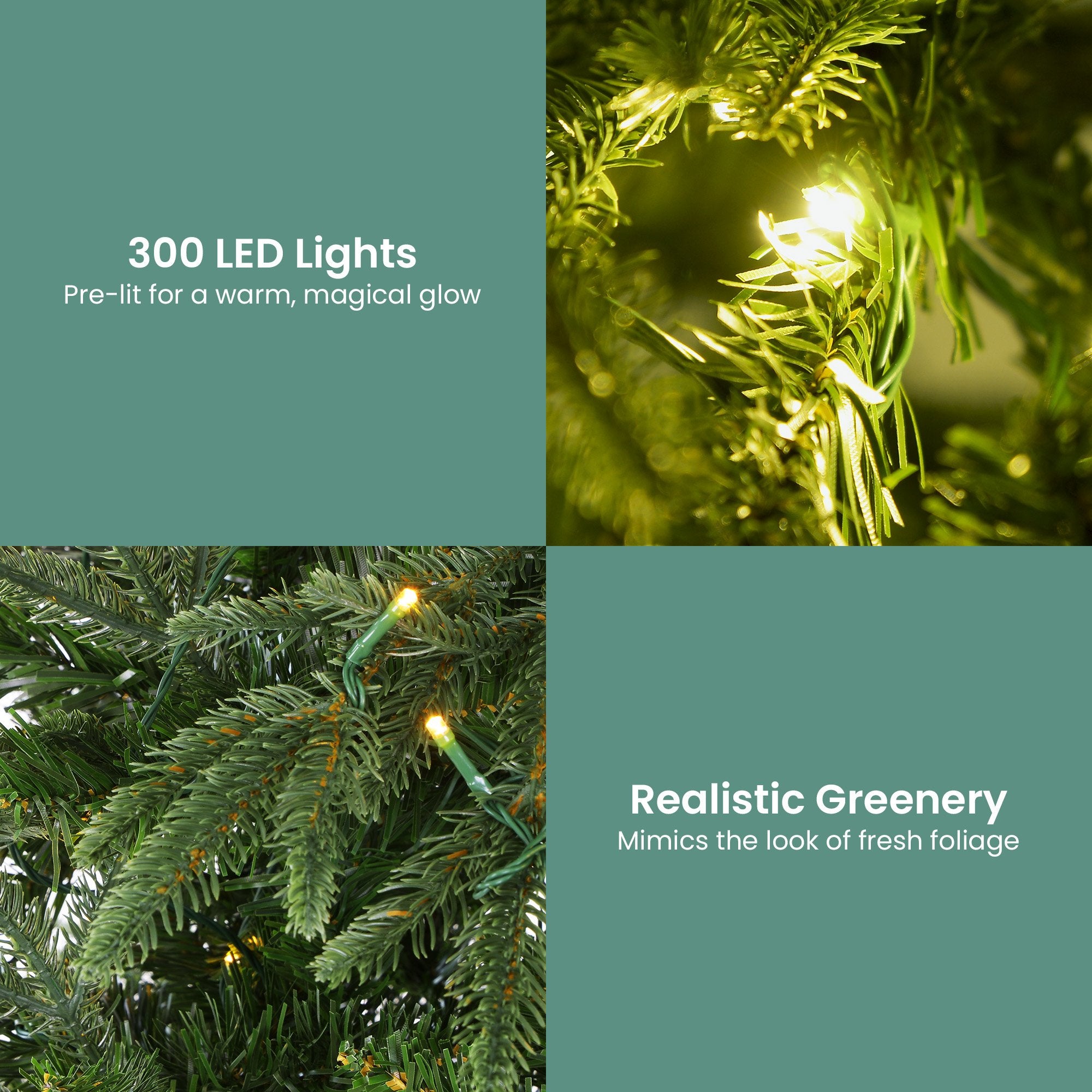 Warm LED lights on realistic green Christmas tree foliage branches