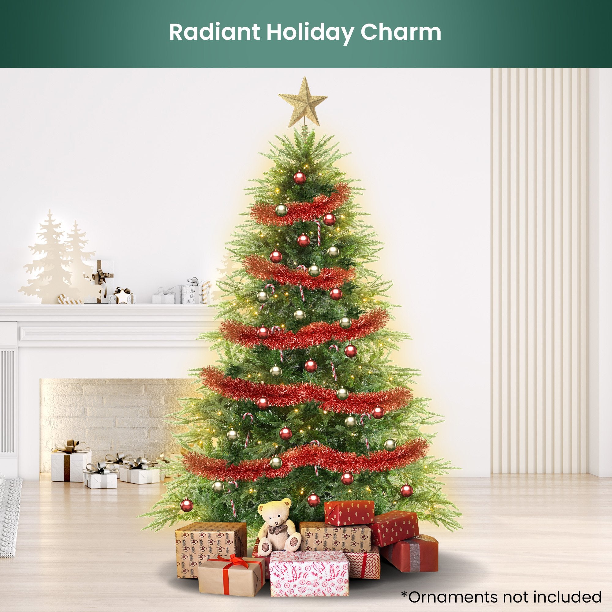 Prelit Christmas tree with warm lights, red garland and red baubles