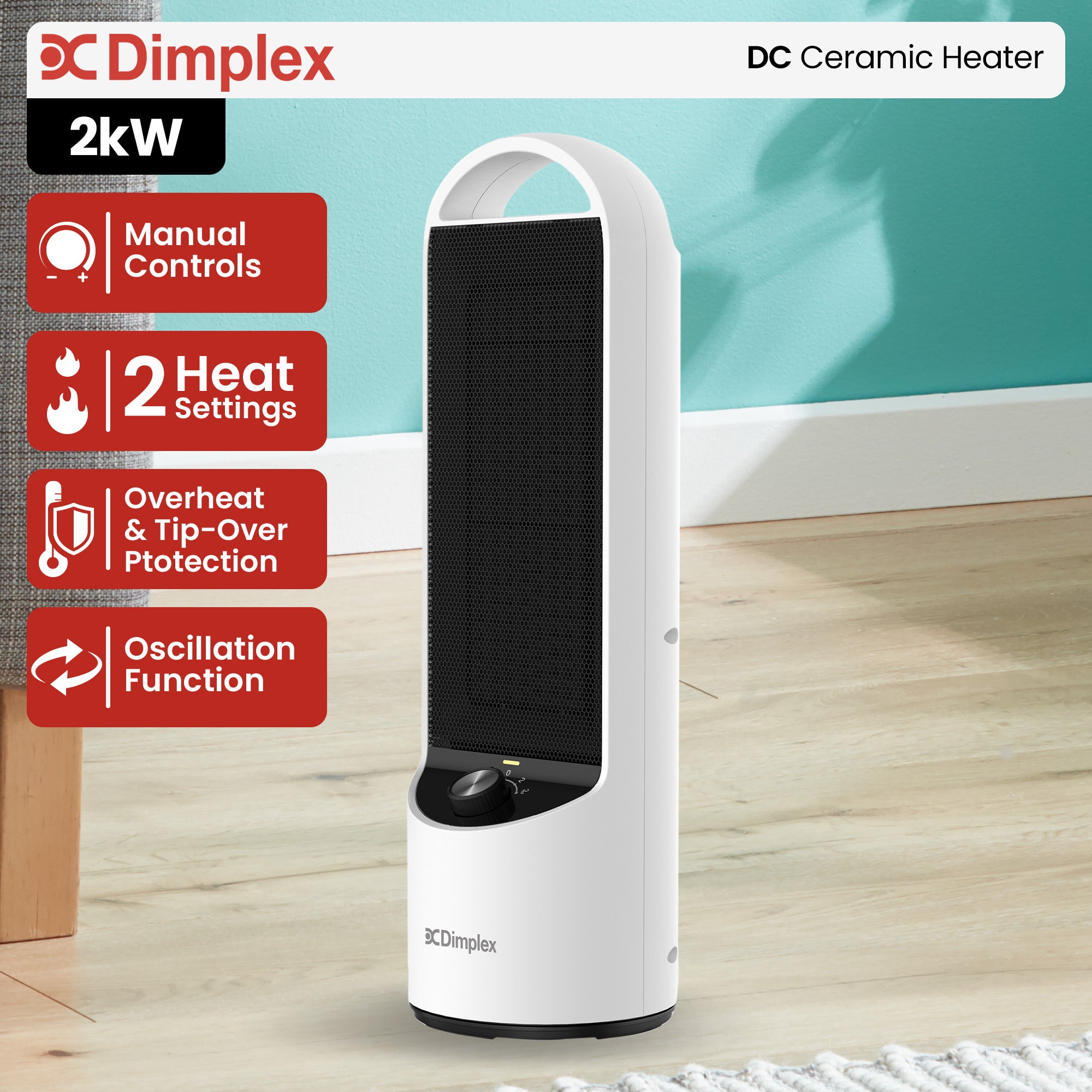 Dimplex DC ceramic heater standing on floor, black front grille and white body.