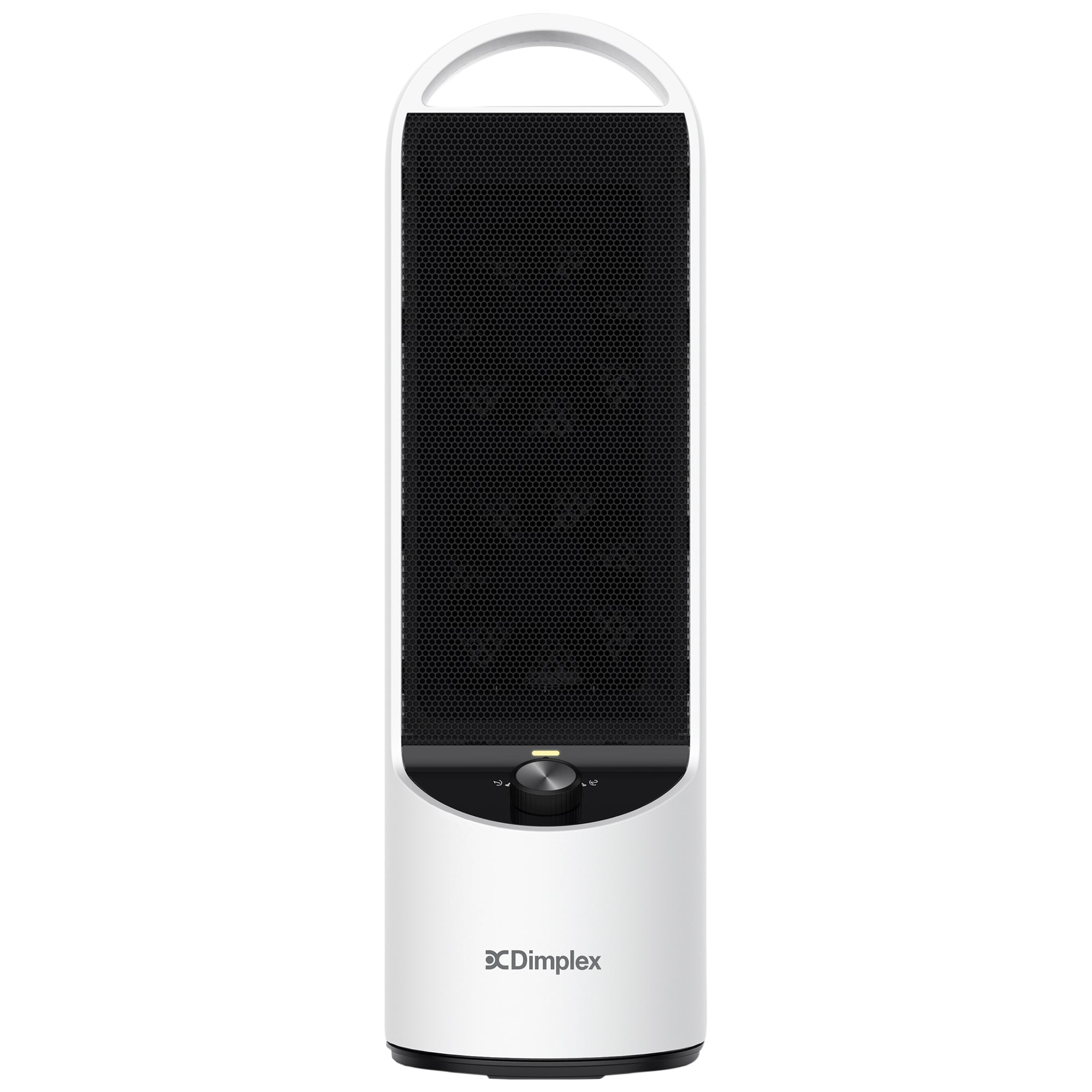 Dimplex DC ceramic heater front view, black grille and white tower casing with top handle.