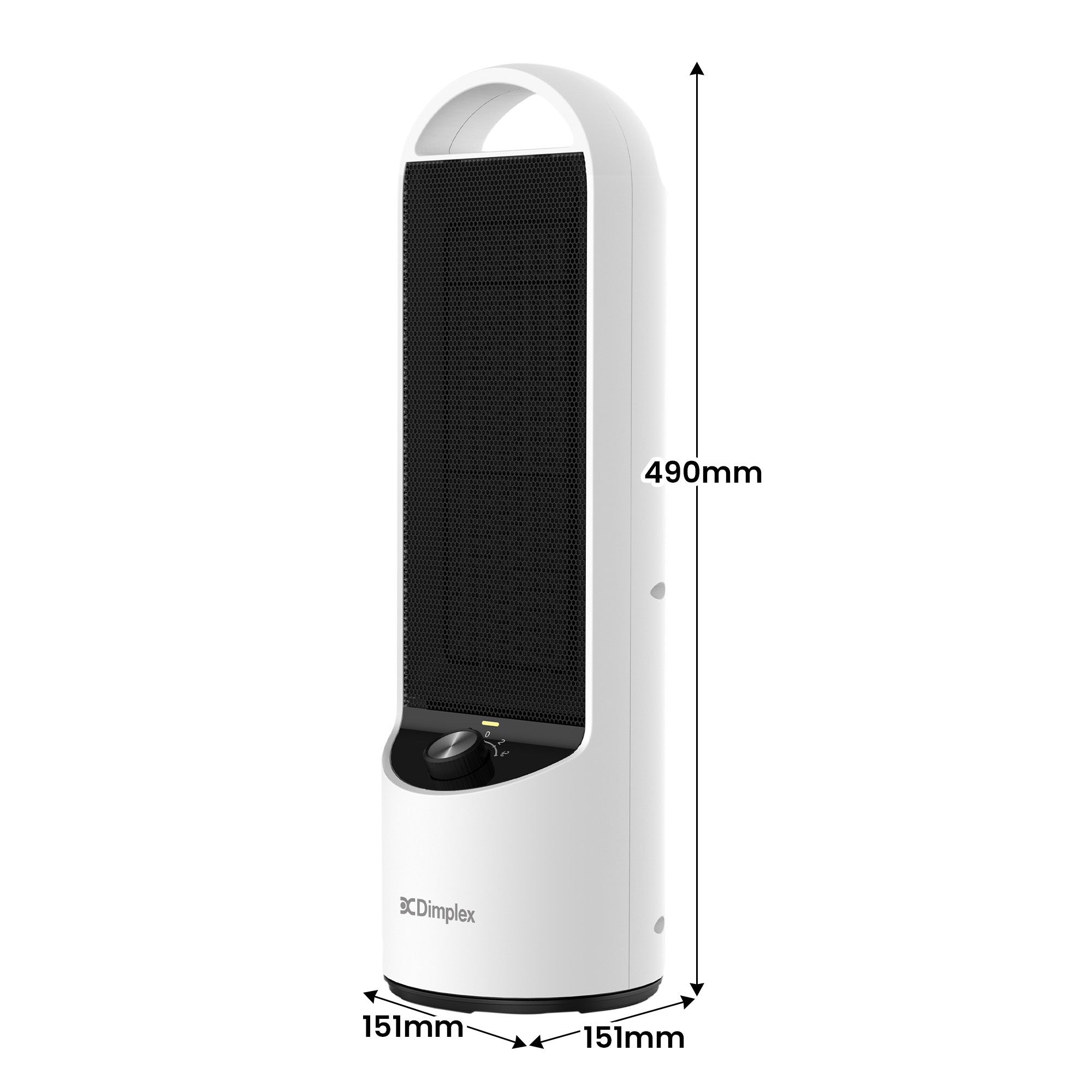 Dimplex DC ceramic heater with height 490mm and base 151 x 151mm; black grille.