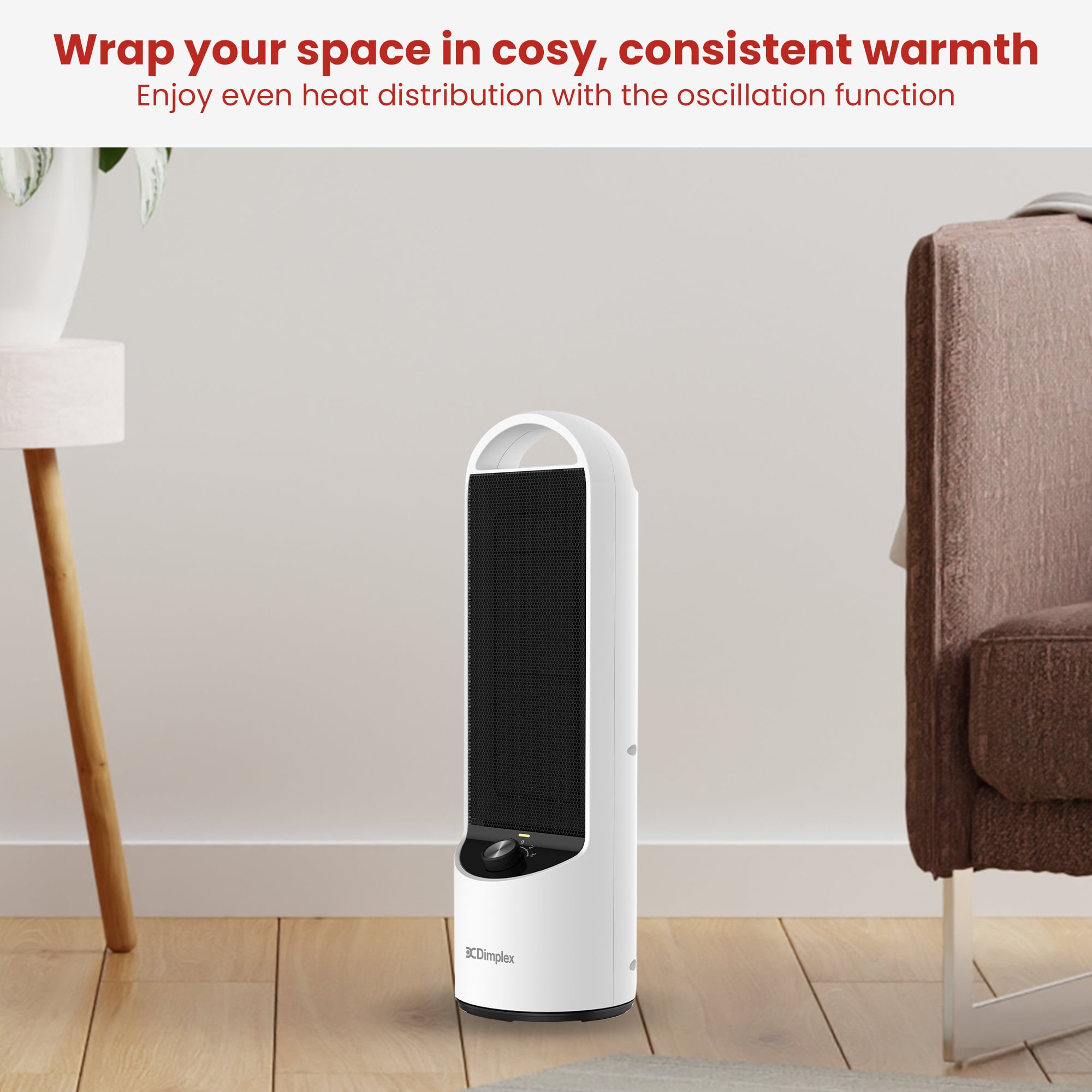Dimplex DC ceramic heater in a living space, white casing with black front grille.