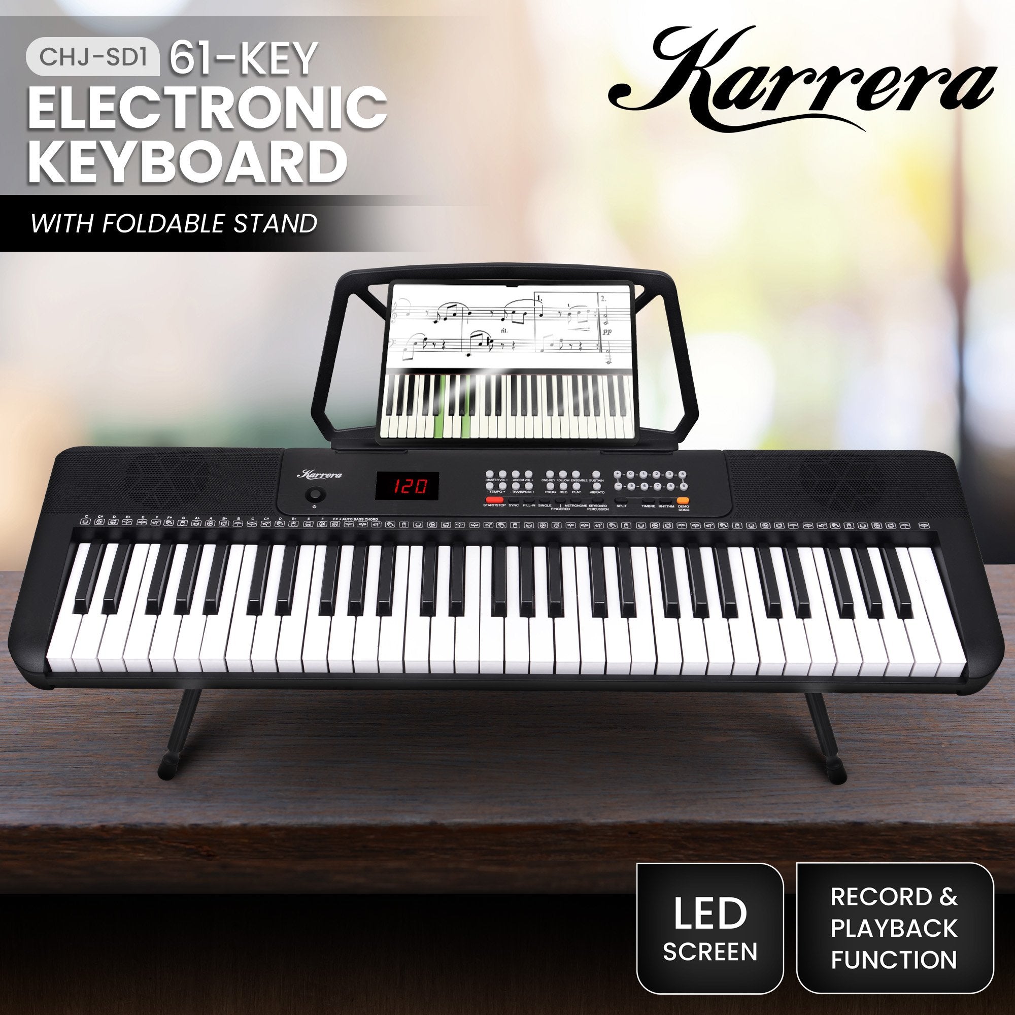 Karrera 61-Key Electronic Piano Keyboard with LED and Folding Stand in Black CHJ-SD1