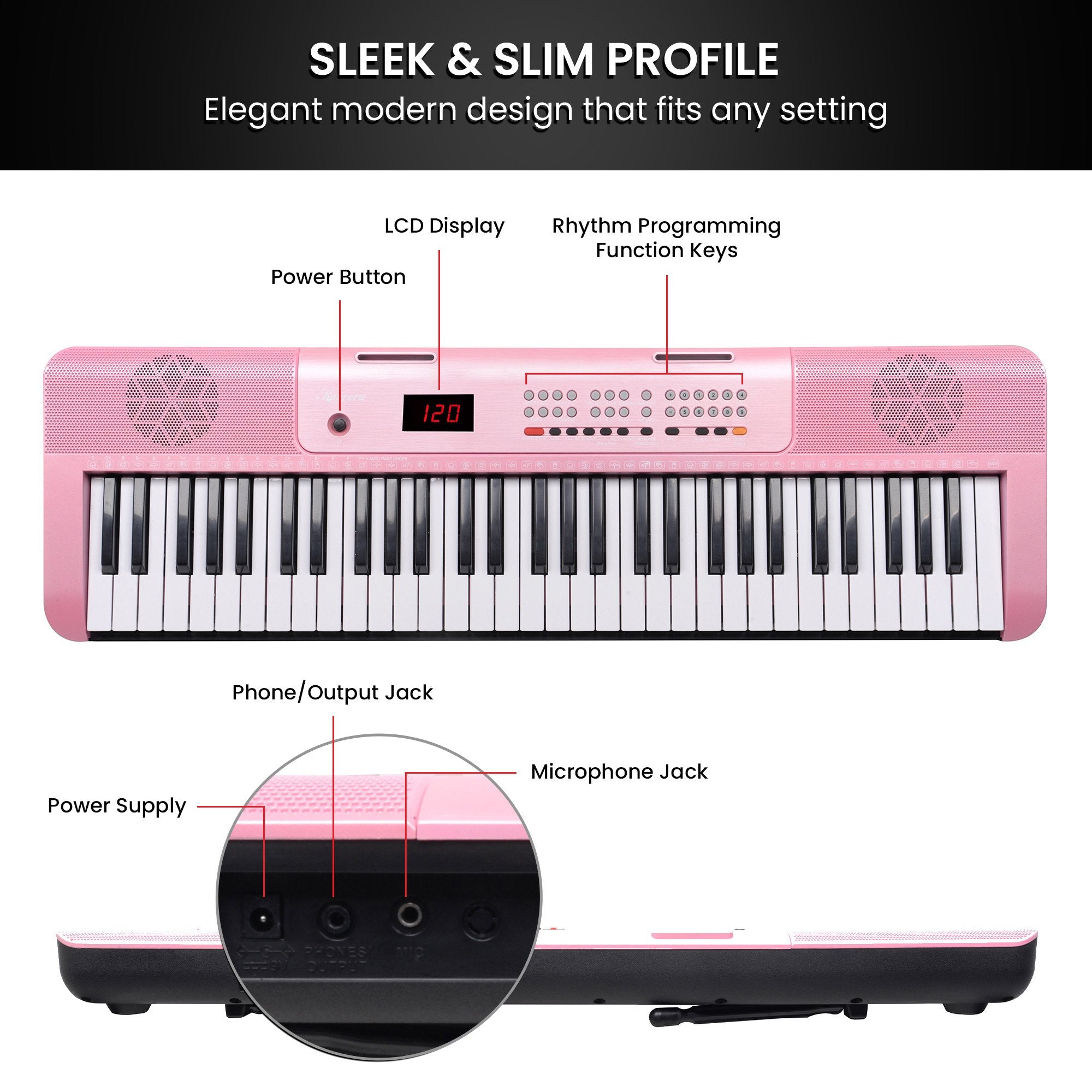 Karrera 61-Key Electronic Piano Keyboard with LED and Folding Stand in Pink CHJ-SD1