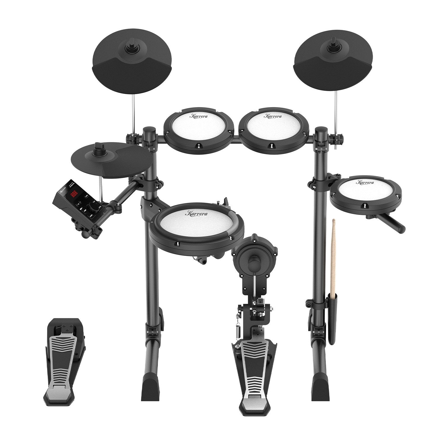 Karrera 18S Electronic Drum Kit Mesh Pads 8in Snare Bluetooth Sounds USB/MIDI Output Kick Pedals Drum Coach & Metronome