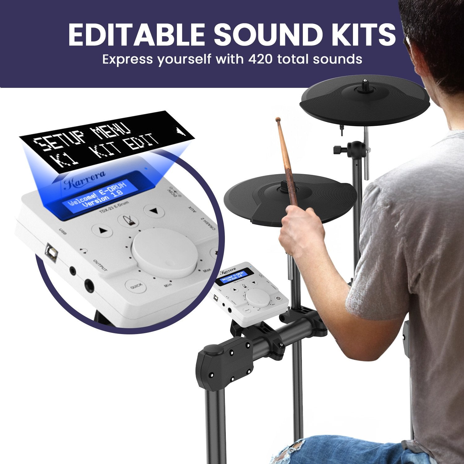 Karrera X23 Electronic Drum Kit with Sound Module, 3 Toms, Snare Quiet Mesh Drum Heads, Cymbals & Pedal