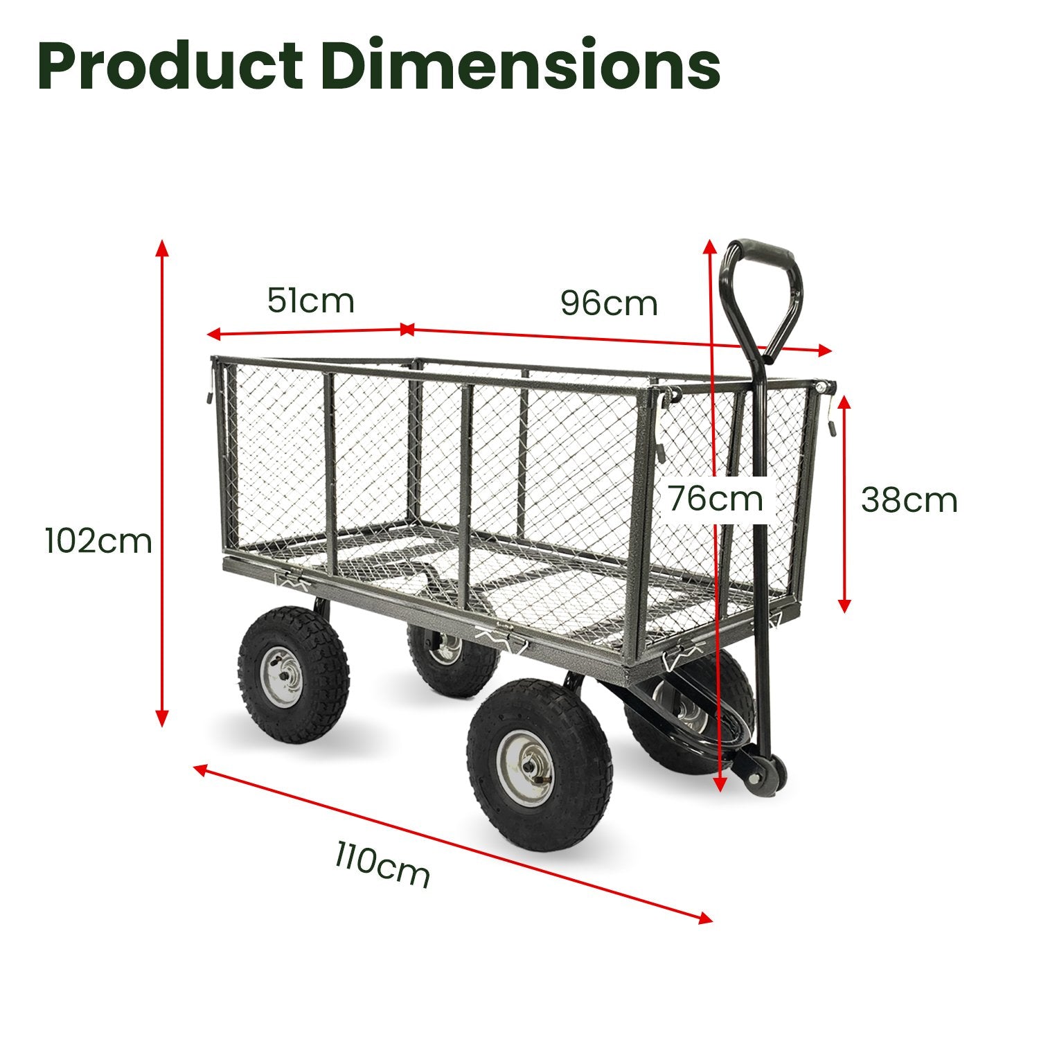 Steel mesh garden trolley cart with handle and four wheels, hammer gray, side view