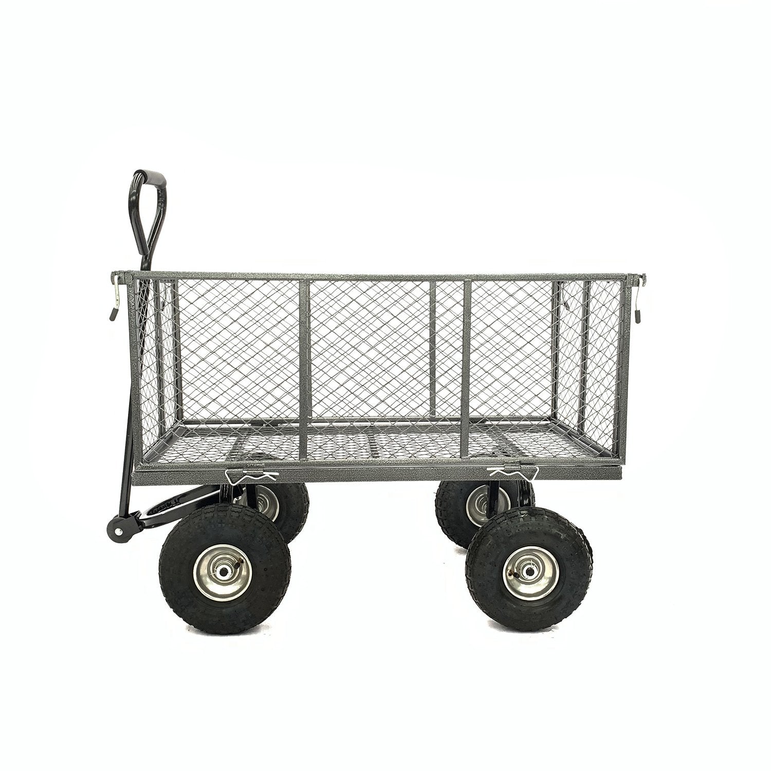 Steel mesh garden trolley cart with handle and four wheels, hammer gray, front angle
