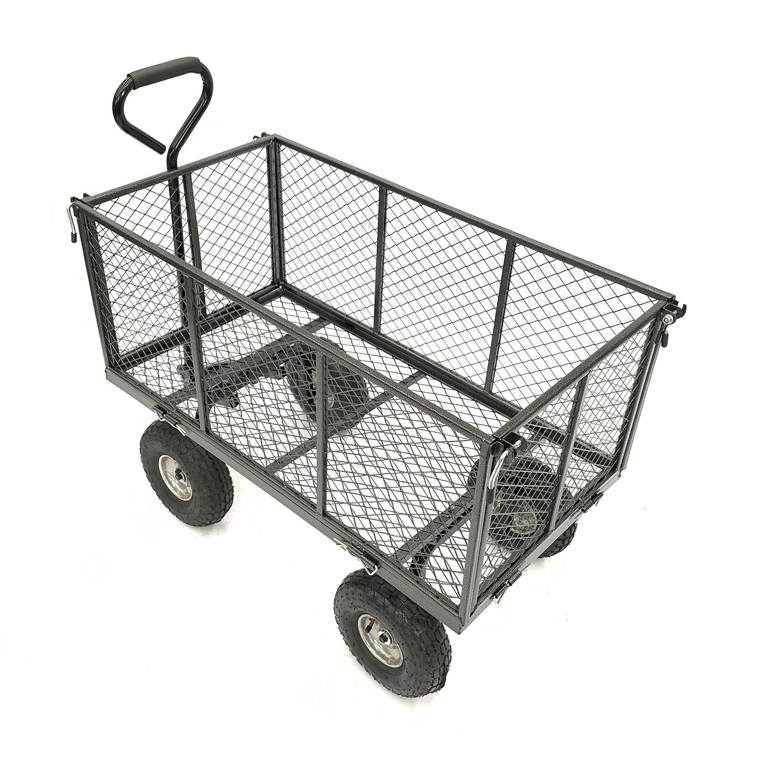 Steel mesh garden trolley cart with handle and four wheels, hammer gray, angled view