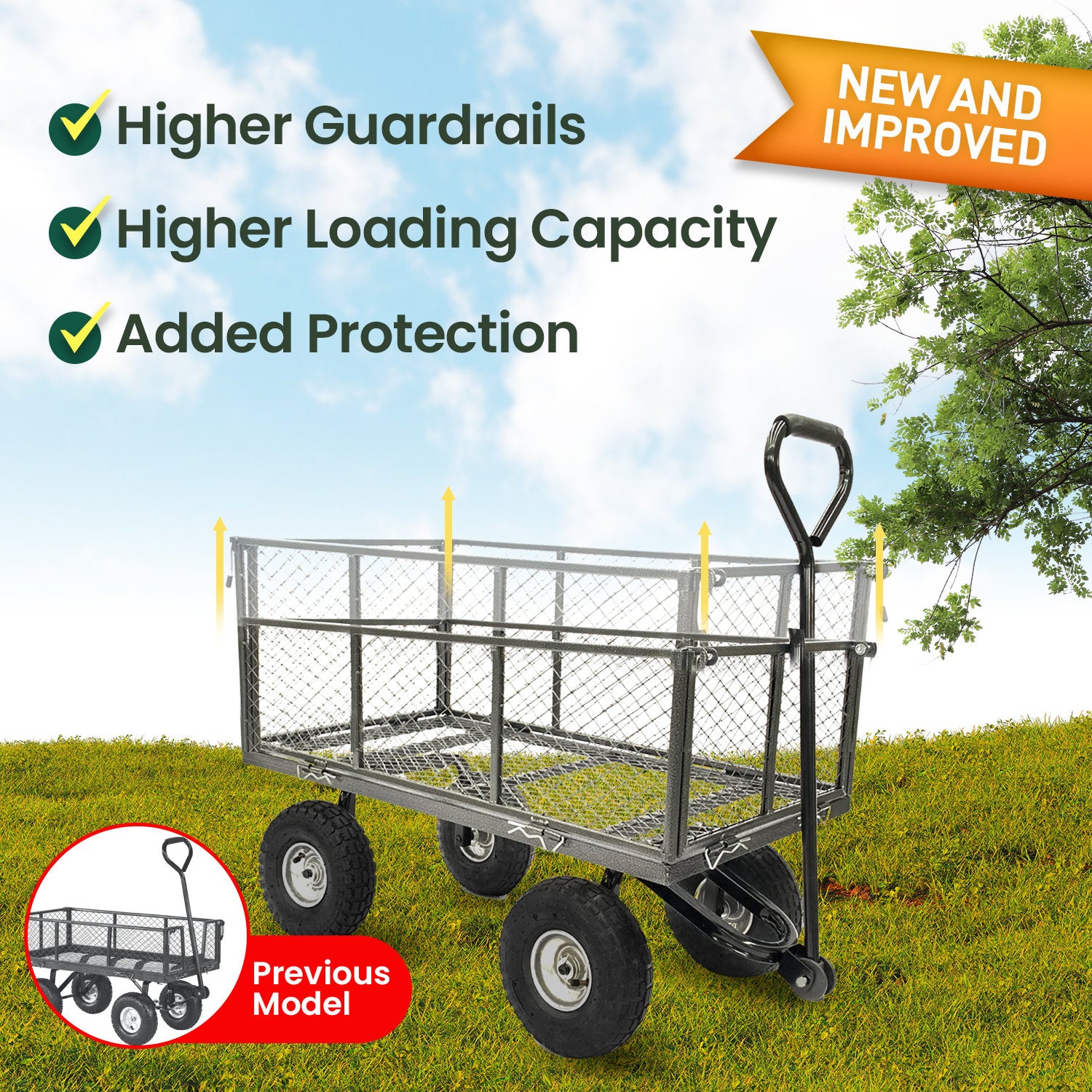 Steel mesh garden trolley cart with handle and four wheels, hammer gray, outdoor view