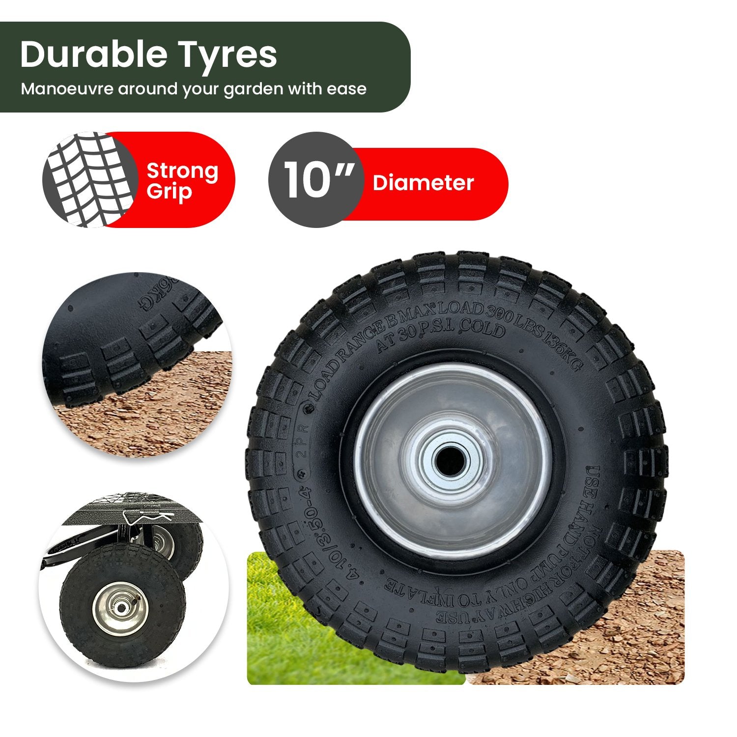 Garden cart wheel tire with deep tread and metal hub
