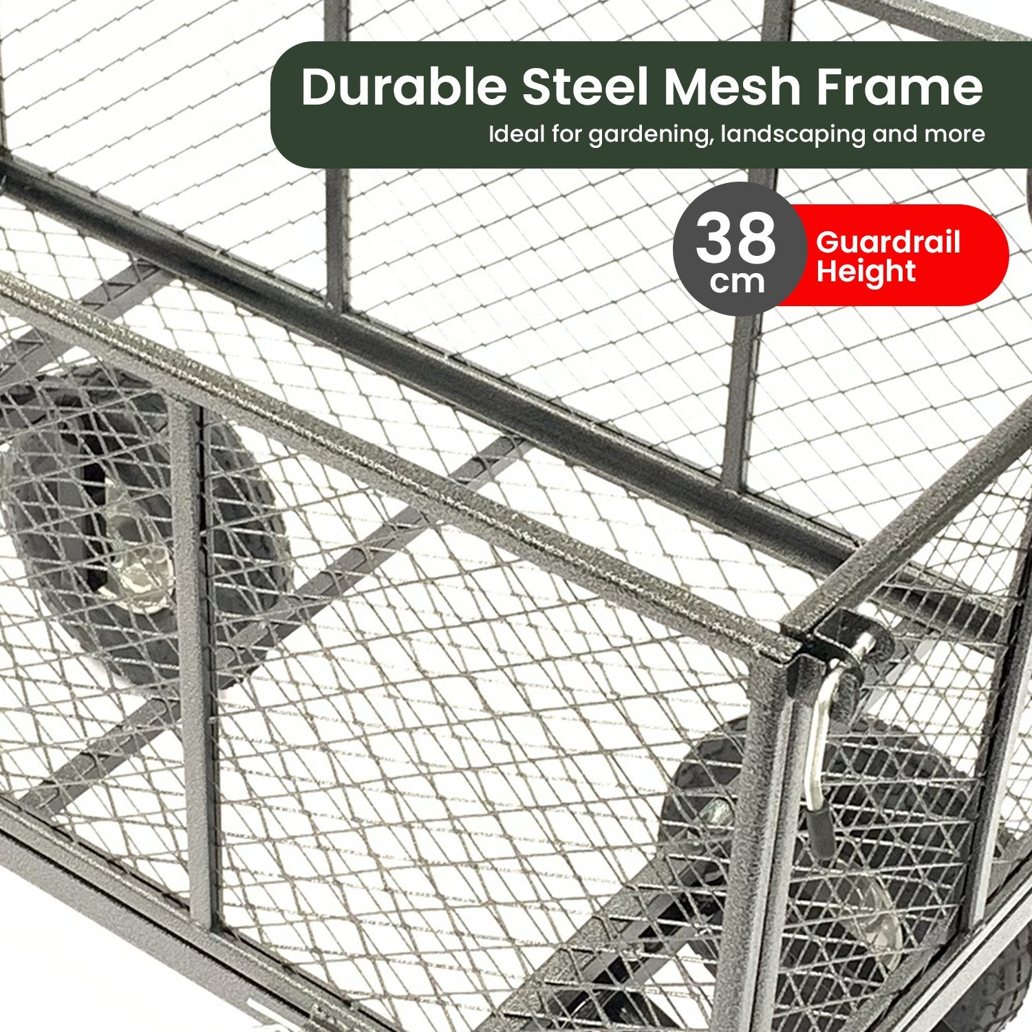 Steel mesh frame and guardrail panel for a garden utility cart