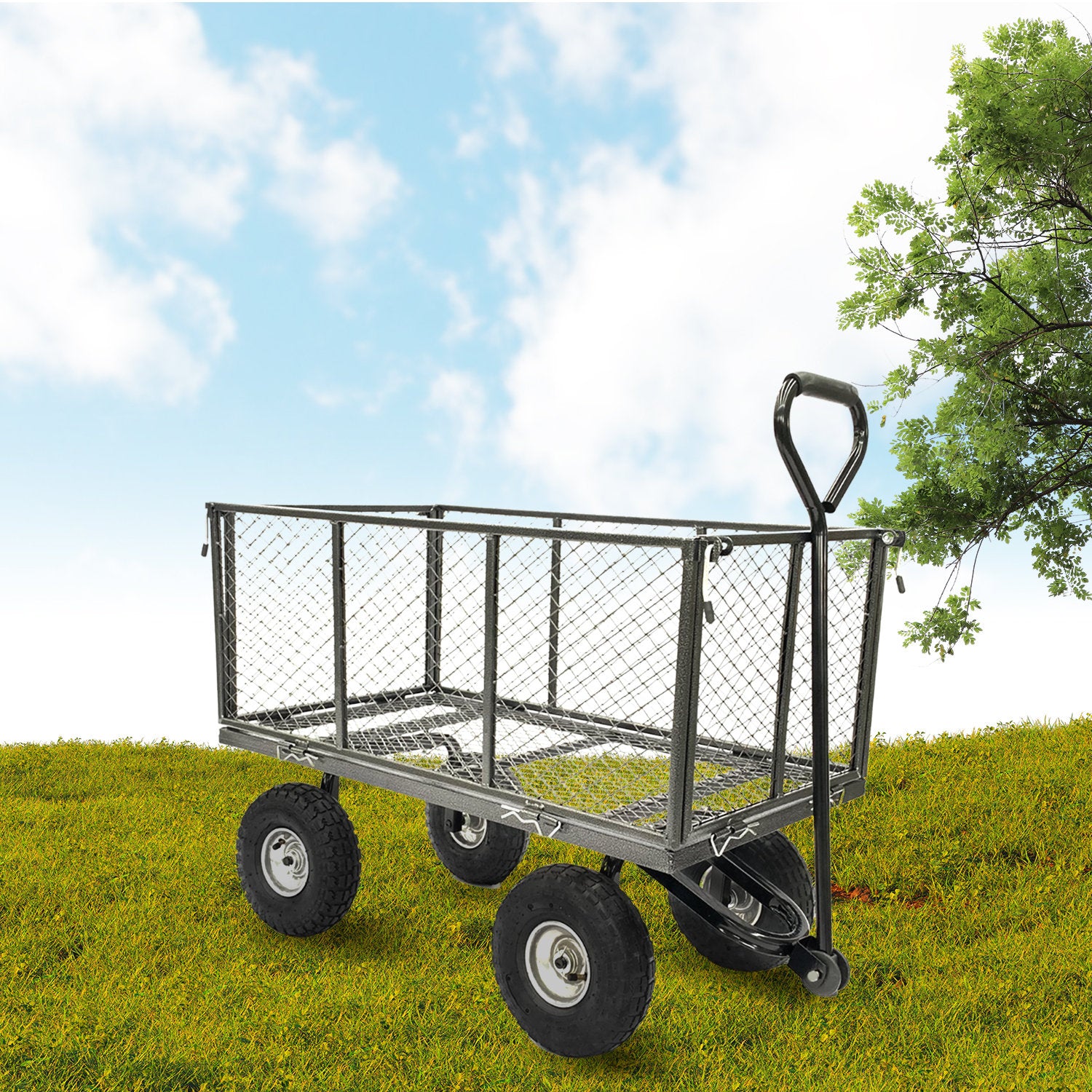 Steel mesh garden trolley cart with handle and four wheels, hammer gray, three-quarter view