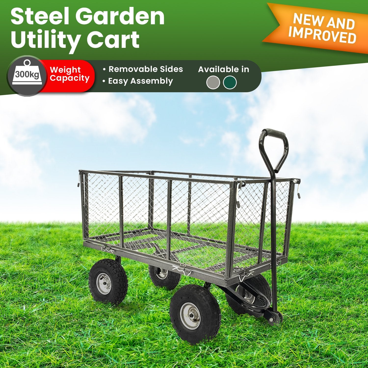 Steel mesh garden utility cart with handle and four wheels, hammer gray, full view