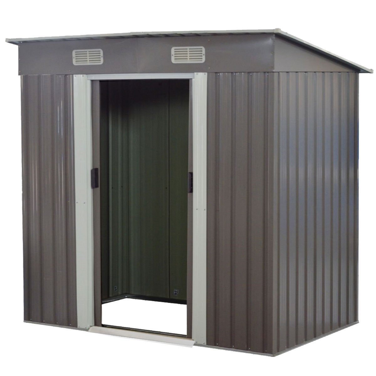 Grey metal garden shed with double sliding doors and flat roof, open doorway view