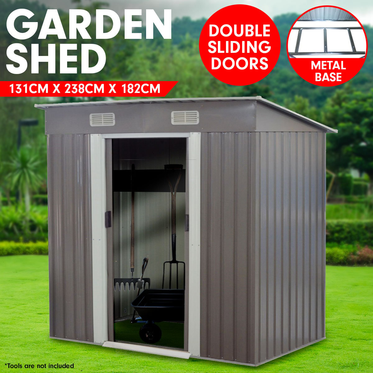 Grey metal garden shed with double sliding doors, open entrance showing interior space