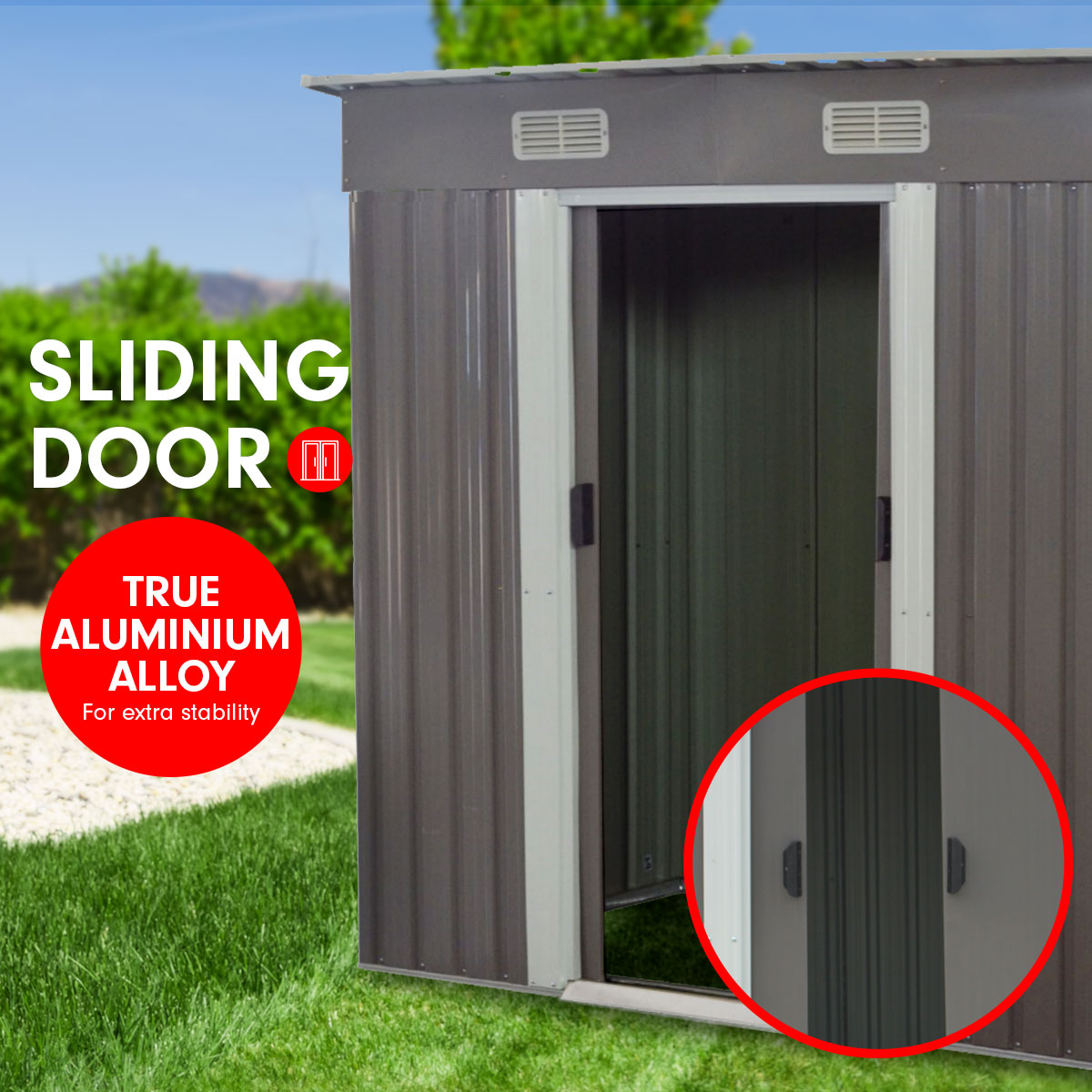 Grey metal garden shed with sliding door, close view of door panel and handle