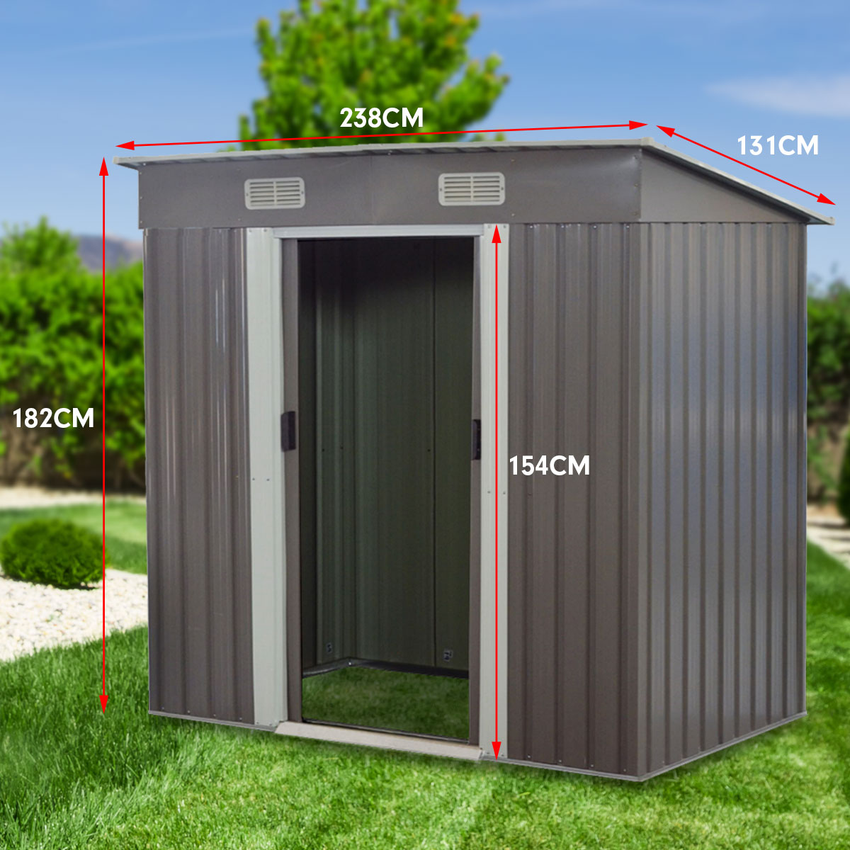Grey metal garden shed with double sliding doors and sloped-flat roof, front view